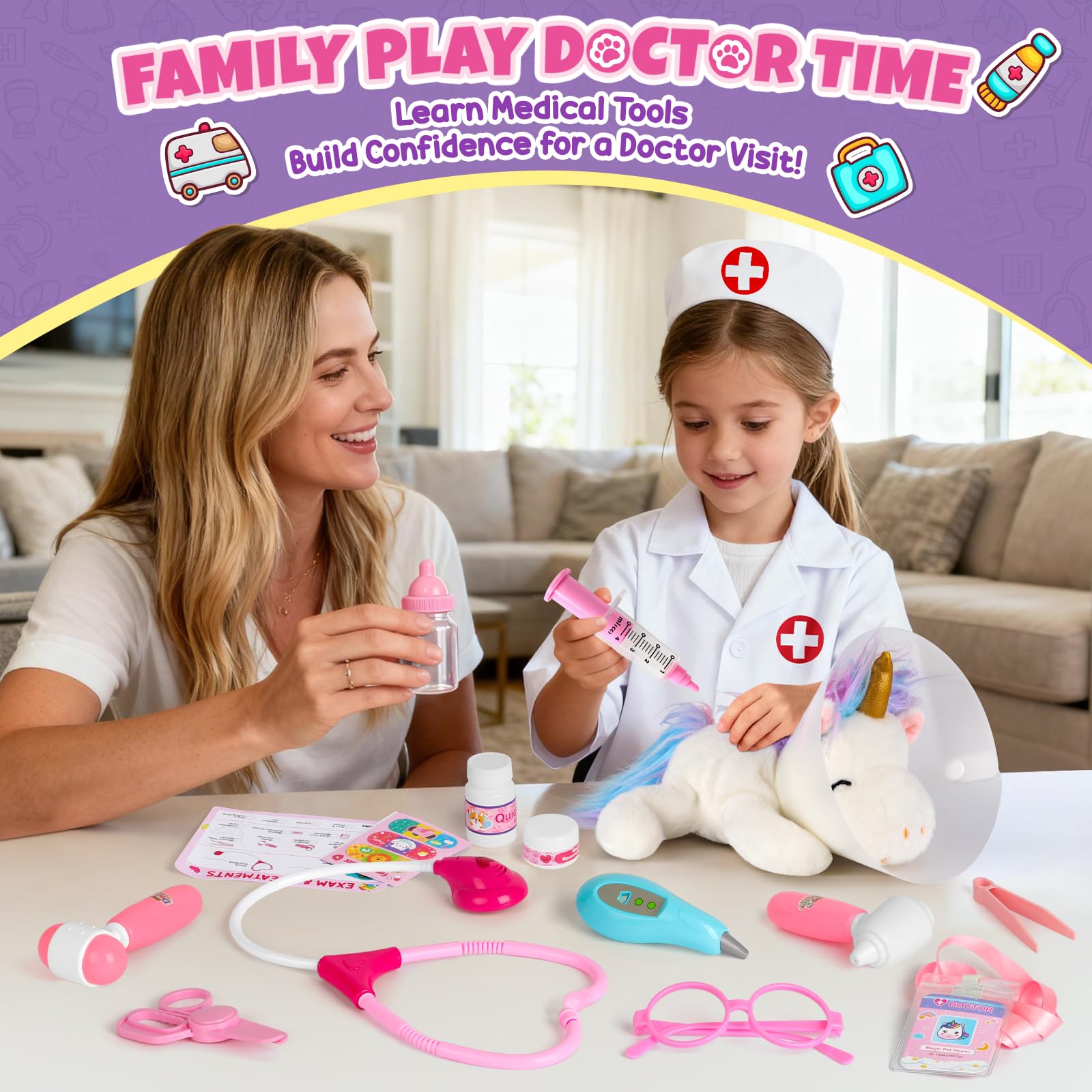 Kit Docteur Enfants, Coffret Médicale avec Peluche Licorne et Blouse de Docteur, Jeu de Rôle pour Enfants 3 4 5 6 Ans - Cadeau Noël et Anniversaire