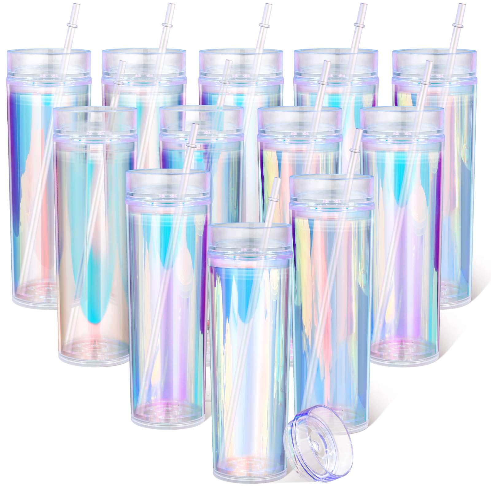 12 Pack Iridescent Skinny Plastic Tumbler with Straw Iridescent Insulated Coffee Mug with Lids and Straws for Bachelorette Party Gifts Disco Birthday Wedding (16 oz)