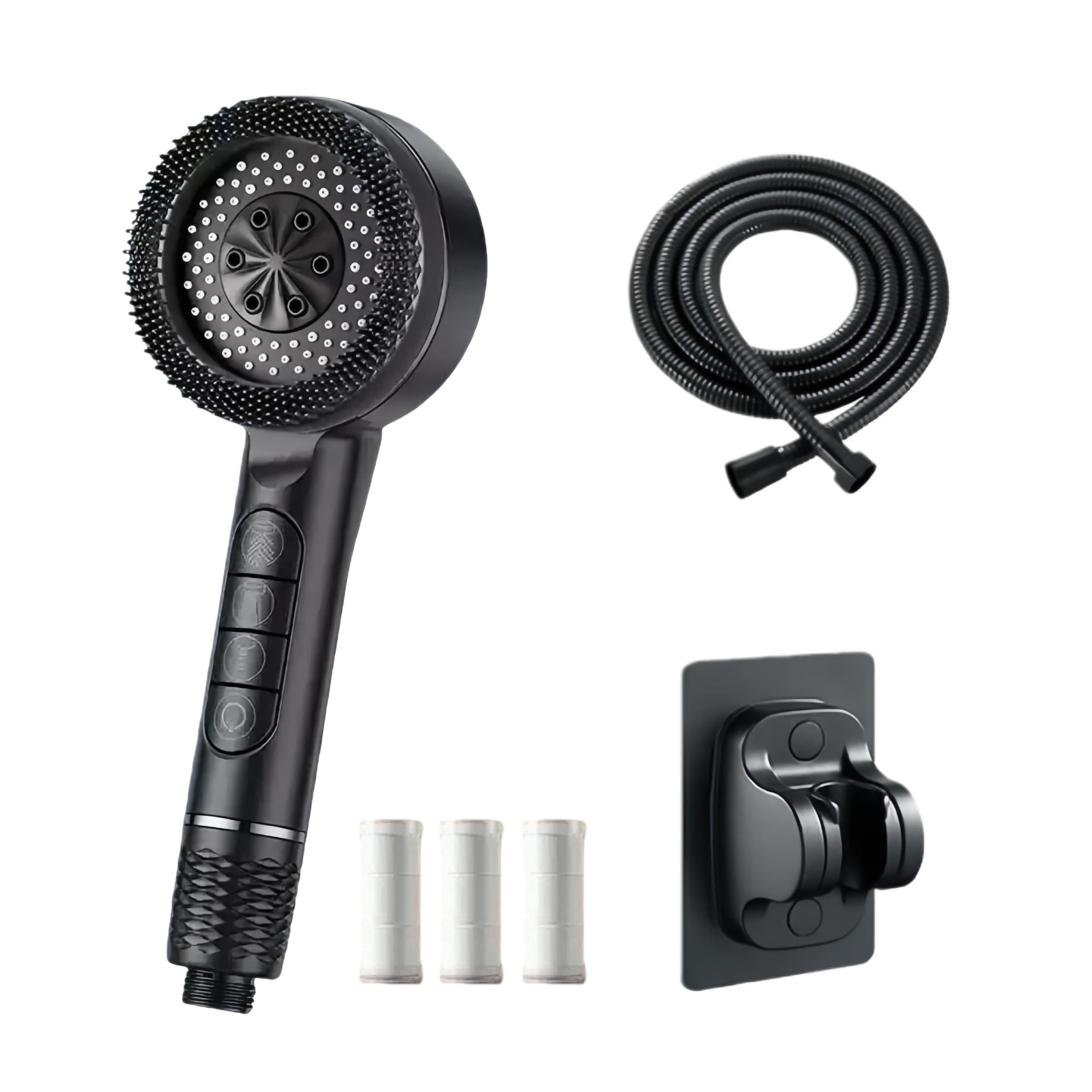 Pressurised Shower Head，Handheld Massage Showerhead， Water Filter Shower Head for Bathroom （Black，4 Modes，Include 1.5m Shower Hose & Shower Stand & 3 PP Filters）