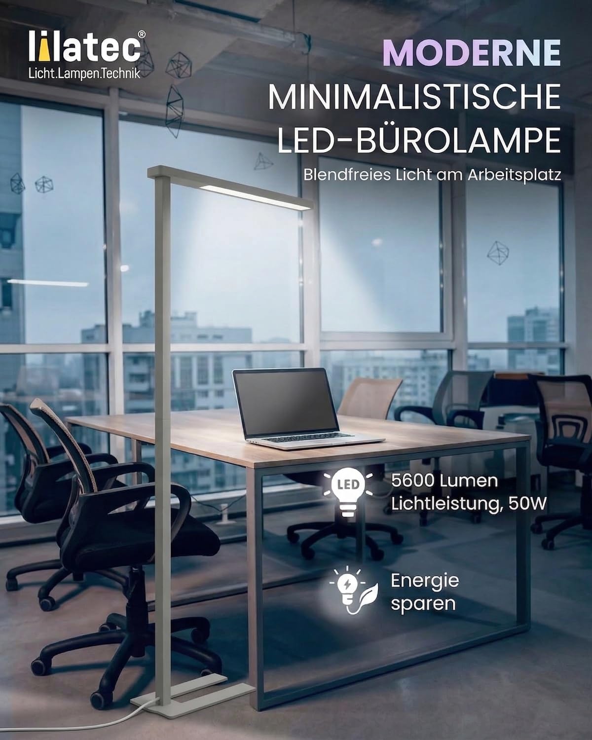LED Stehlampe Büro, Optimale Arbeitsplatzleuchte laut DIN 12464-1 mit 50W und 5600lm, Neutralweiß (4000K), Stehlampe, Büroleuchte oder Büro Stehleuchte, Einsatz als Standleuchten & Deckenfluter