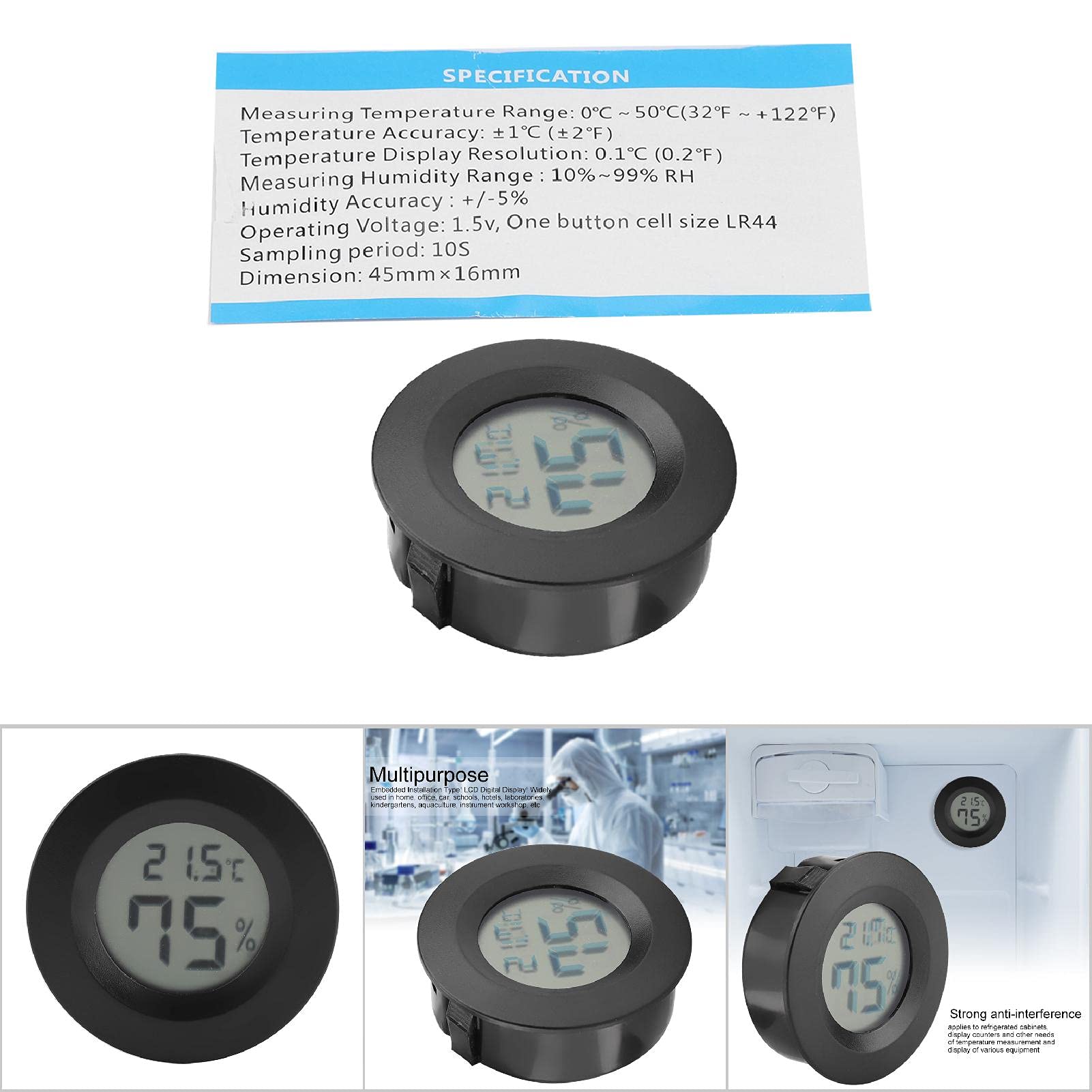 Mini termometr Okrągły kształt Temperatura Cyfrowy monitor LCD Wewnętrzny okrągły miernik temperatury wilgotności do humidorów Domowa szklarnia Babyroom Inkubator gadów (czarny)