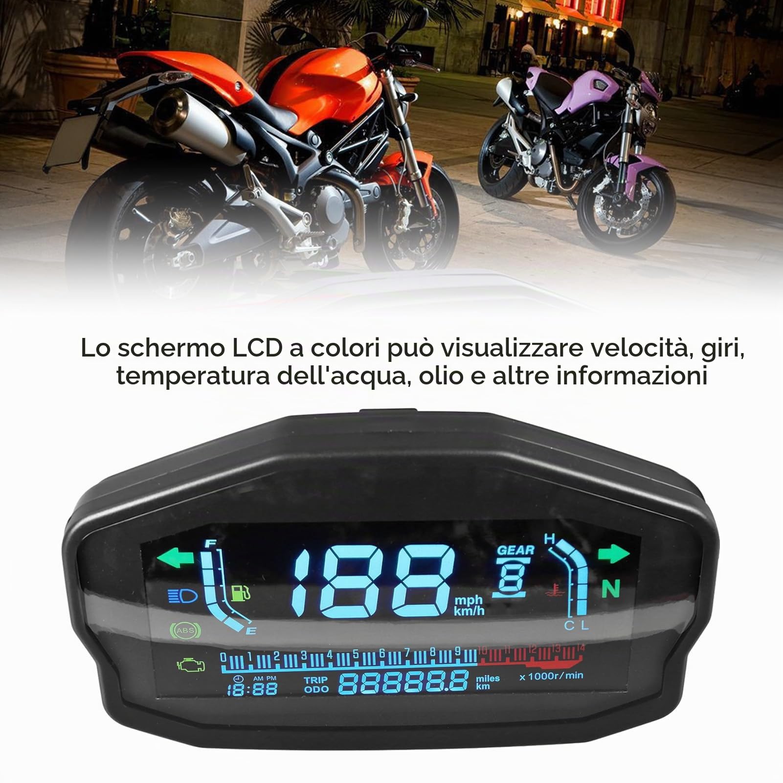 Keenso Tachimetro per Moto, Tachimetro per Quadro Strumenti per Moto Contagiri Display Digitale LCD Misuratore di Livello Dell'olio per la Temperatura dell'Acqua