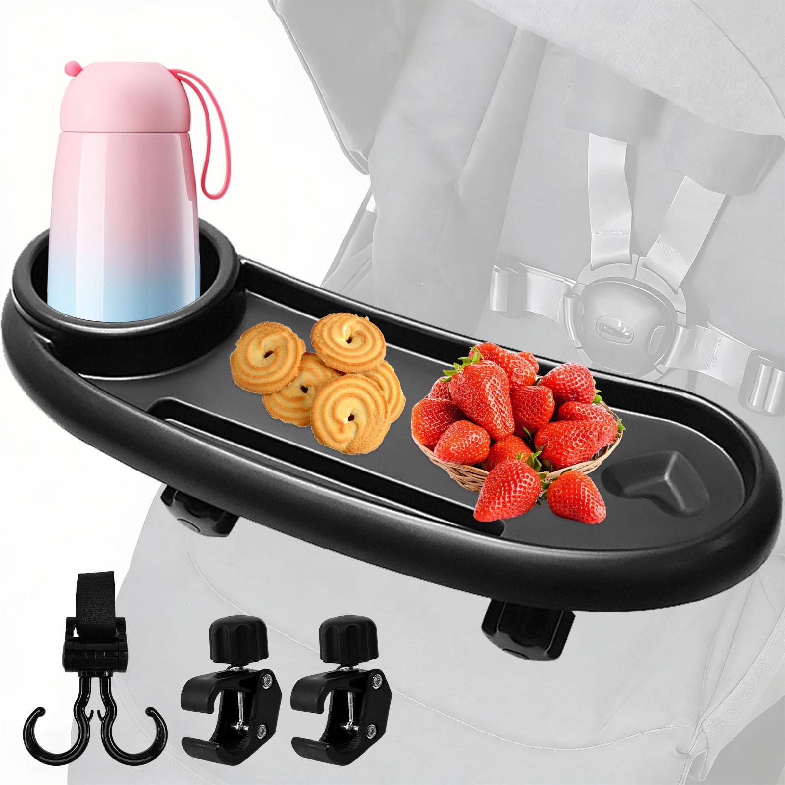 Bandeja para Cochecito de Bebe, 3 en 1 Bandeja para Carrito Bebe para Aperitivos, Organizador de Cochecito con 2 Ganchos, Giratorio 360° Soporte para Cochecitos Bebe, Portabebidas para Carrito
