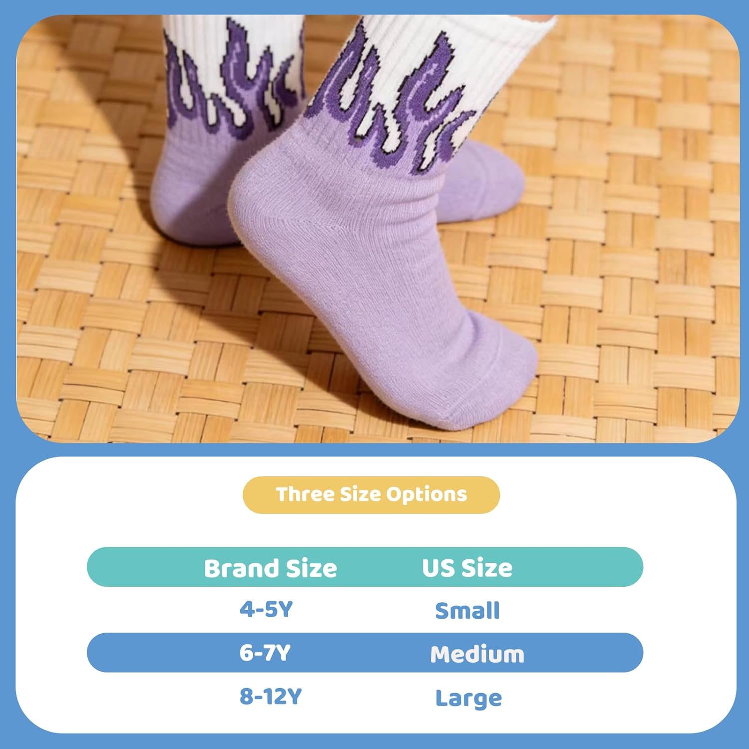 Kids' Flame Jacquard Crew Socks, Multicolor, Breathable, for Outdoor Sports, 5-Pair Set