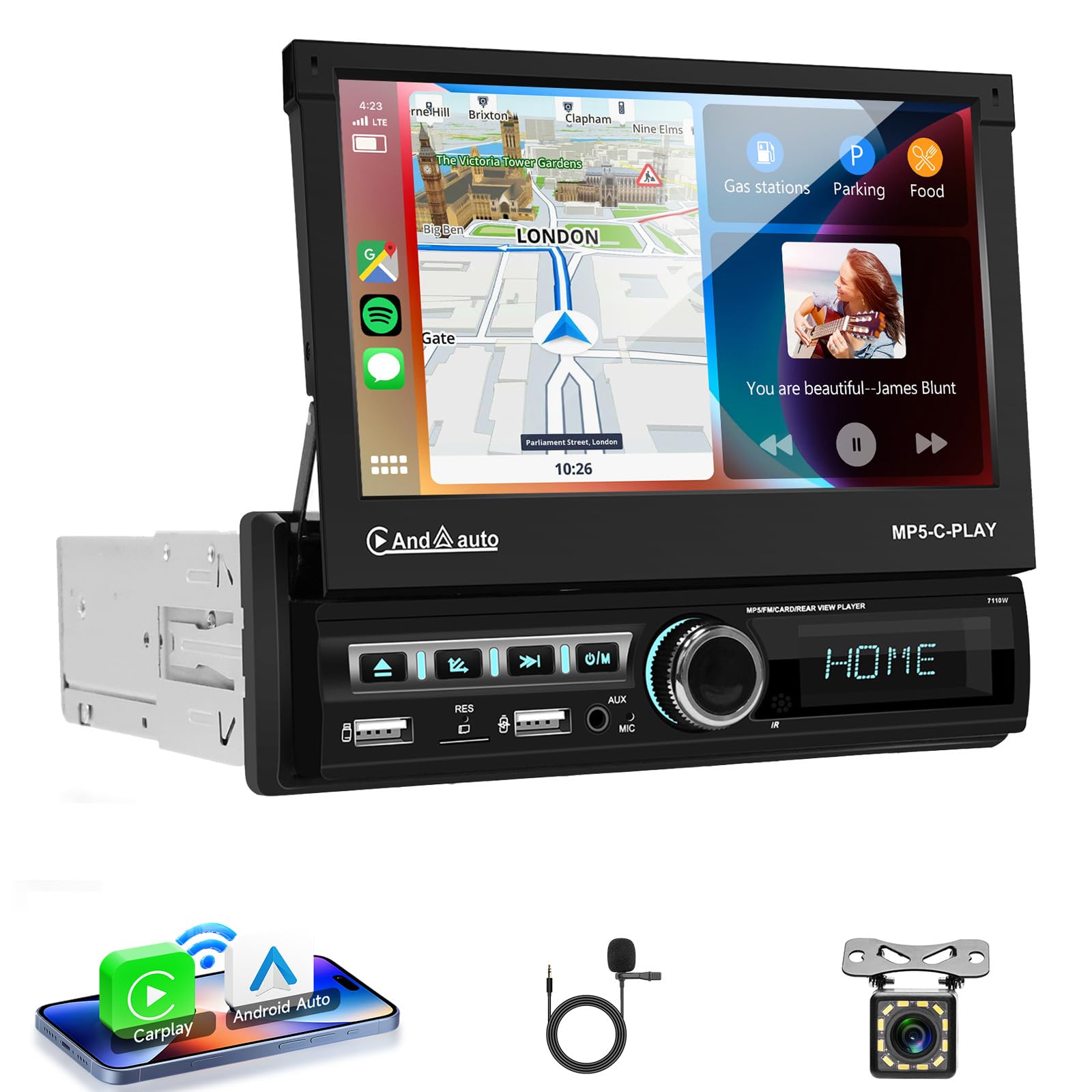 VECHTEL Autoradio 1 Din avec Carplay Android Auto sans Fil, Autoradio à Rétractable Électrique IPS HD Écran Tactile de 7 Pouces, Support Bluetooth Mirror Link FM 2USB/AUX Commandes au Volant Caméra