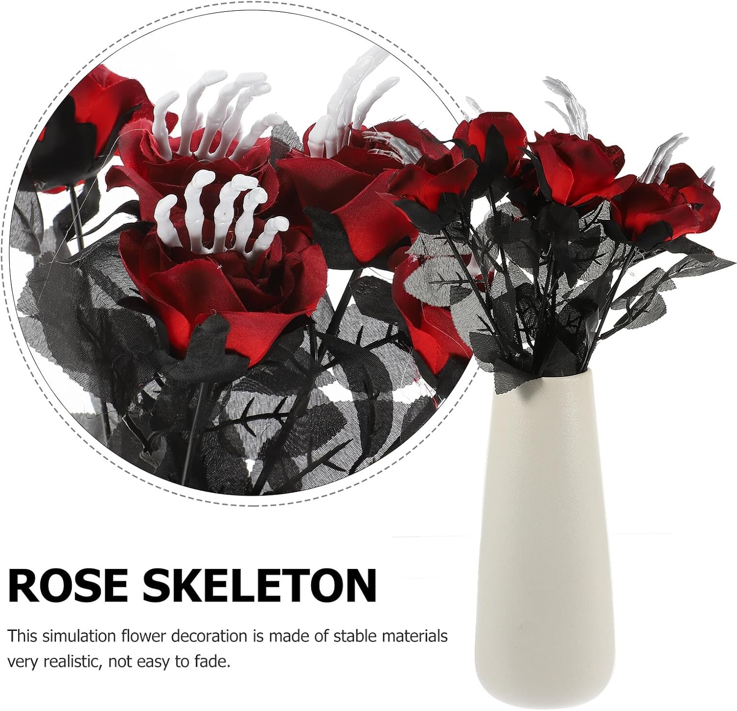 OSALADI 6pcs Halloween Faux Rose Artificial Flowers with Hand Skeleton Stem Deep Red Halloween Decor Bouquet for Spooky Centerpieces and Party Decorations