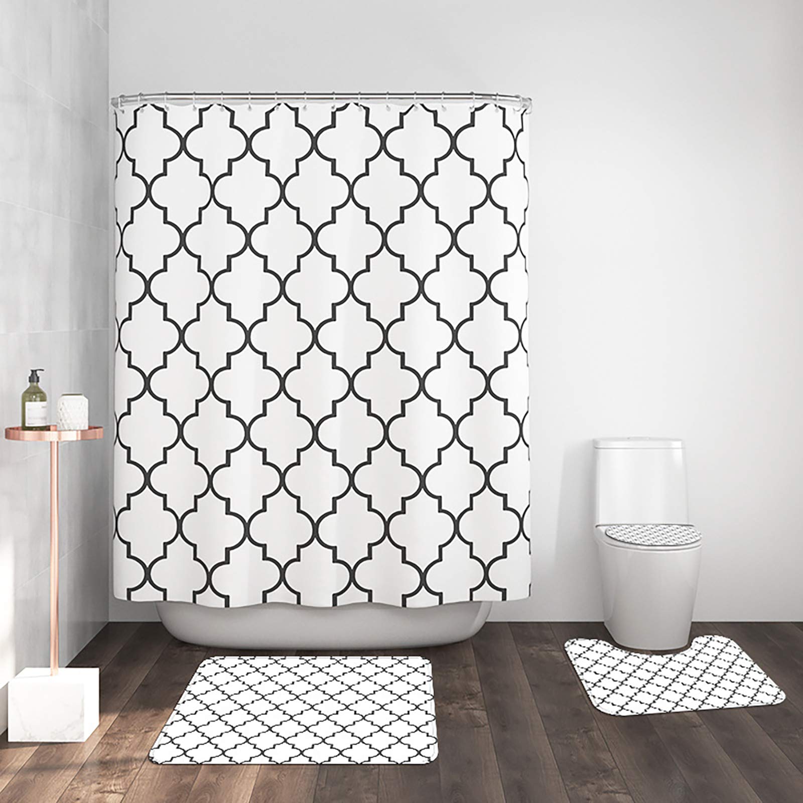 Ensemble rideau de douche gris 4 pièces géométriques avec tapis de bain et crochets