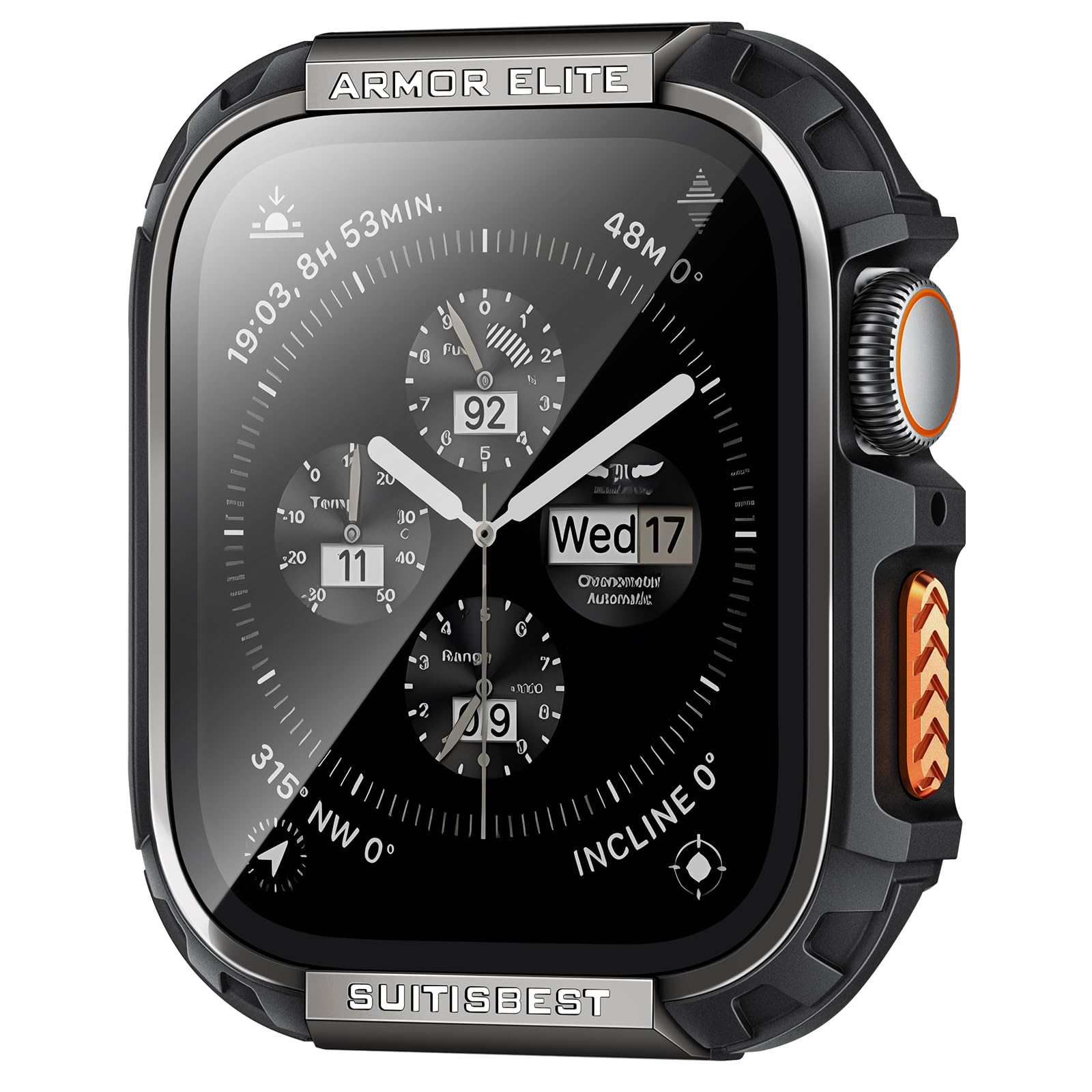 Suitisbest Metal Rugged Case for Apple Watch 45mm Case Screen Protector, Shockproof Protective Case Bumper 9H Tempered Glass Screen Protector Cover for iWatch Series 9 8 7