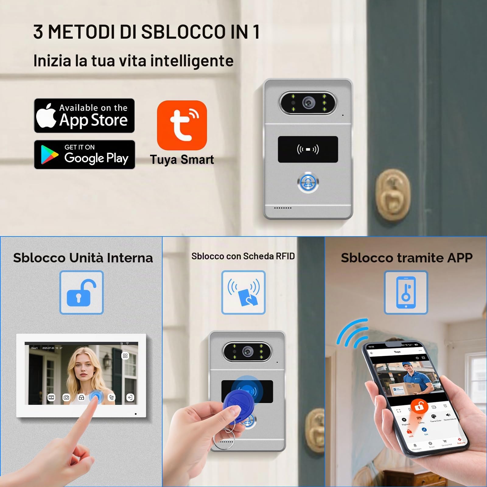 Videocitofono WiFi 2 Fili Smart Tuya, 1080P HD Video Citofono con Telecamera, 7 Pollici Touch Monitor, Fotocamera Visione Notturna IR, Registrazione, Sblocco RFID Carta/APP, IP65