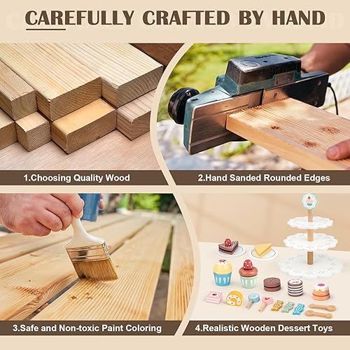 Miniatura 2 de Madrechan Comida de madera para jugar, juego de fiesta de té de madera Madrechan que incluye soporte para pasteles de tres niveles, 22 juguetes de