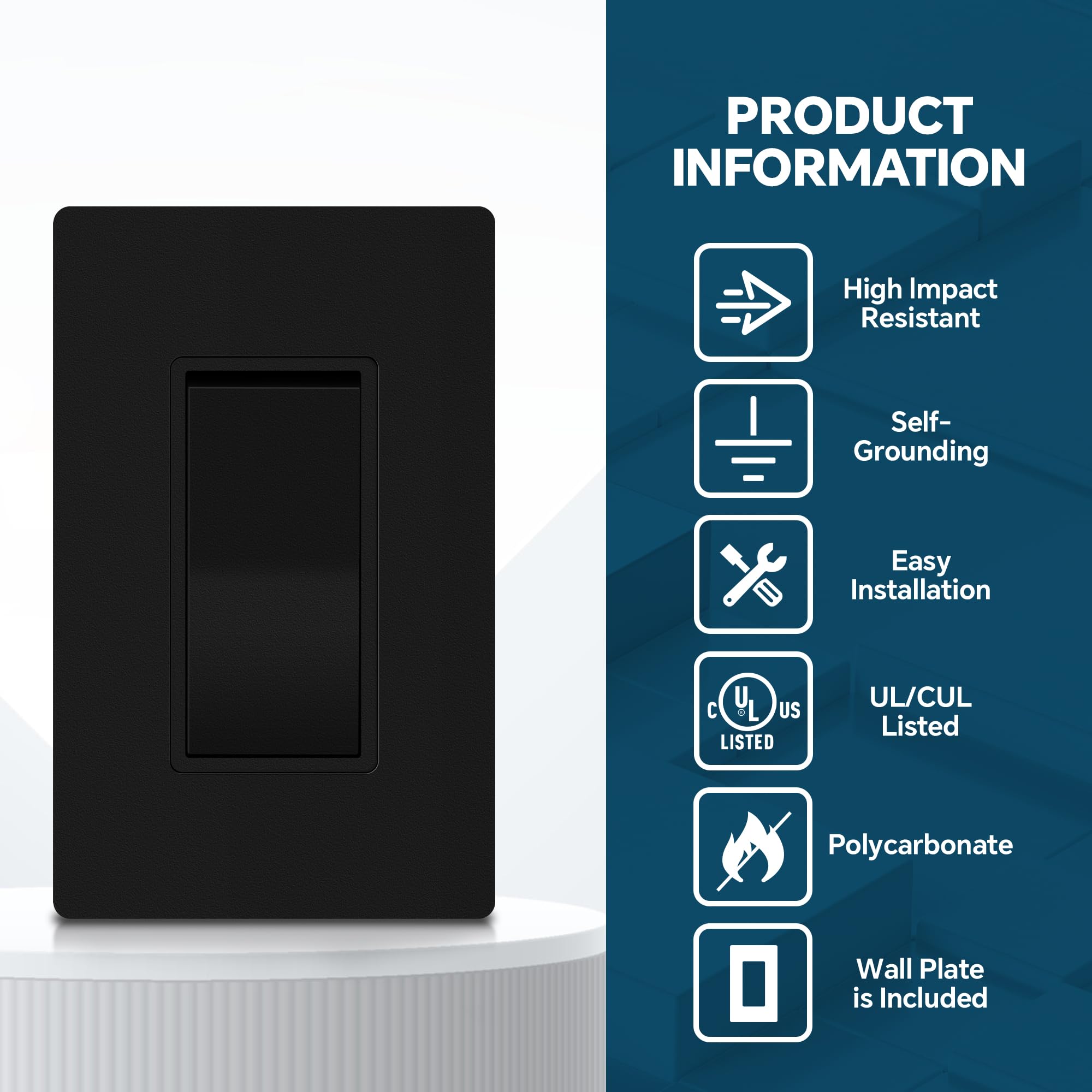 ThunderWay Matte Black Single Pole Decorator Light Switch with Screwless Wall Plate 15 A 120277 V ONOff Rocker Paddle Interrupter Self-Grounding Residential GradeUL Listed 20 Pack product thumbnail 8