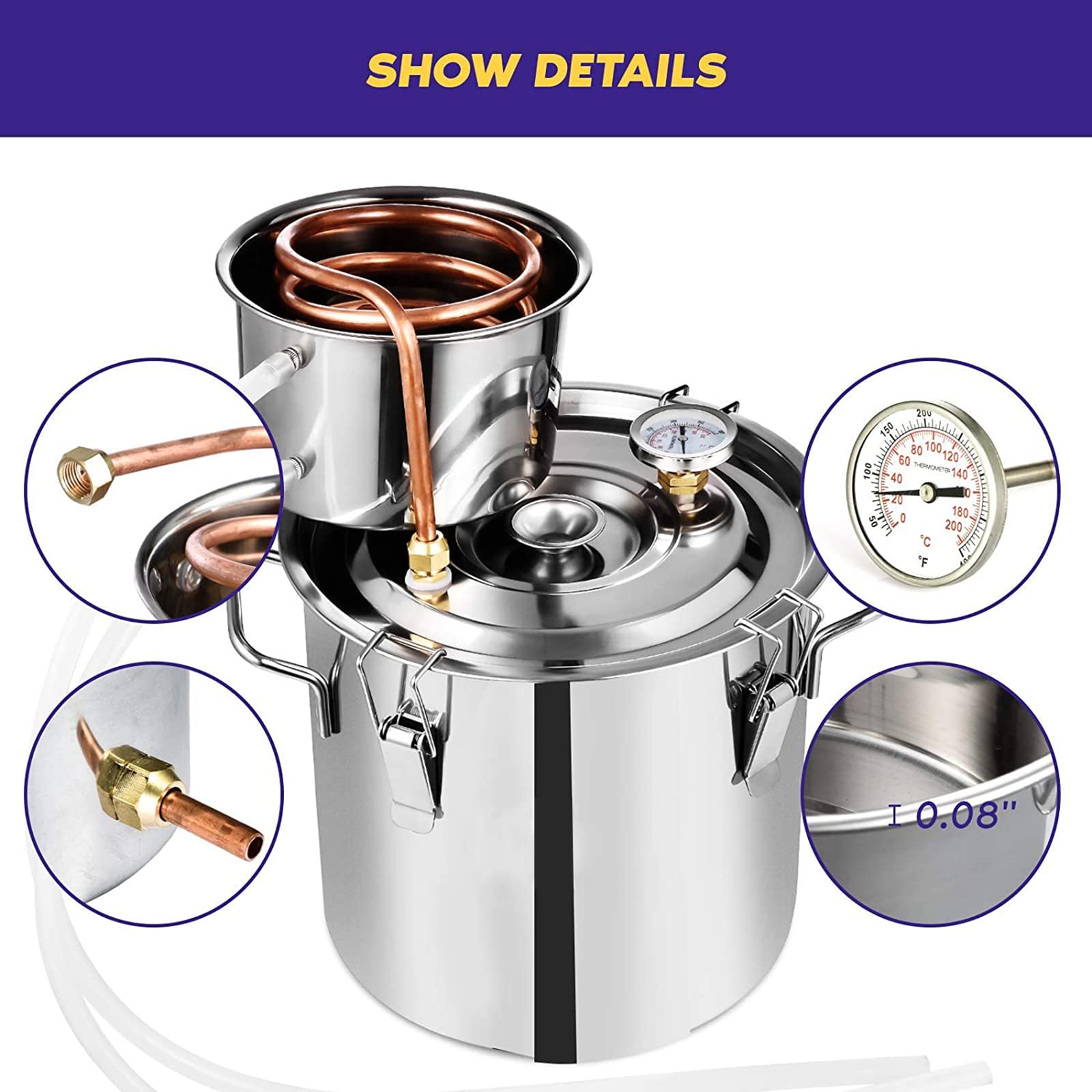 Destilador de agua y alcohol, tubo de cobre, kit de preparación casera para extracción de aceites esenciales, capacidad de 8 litros
