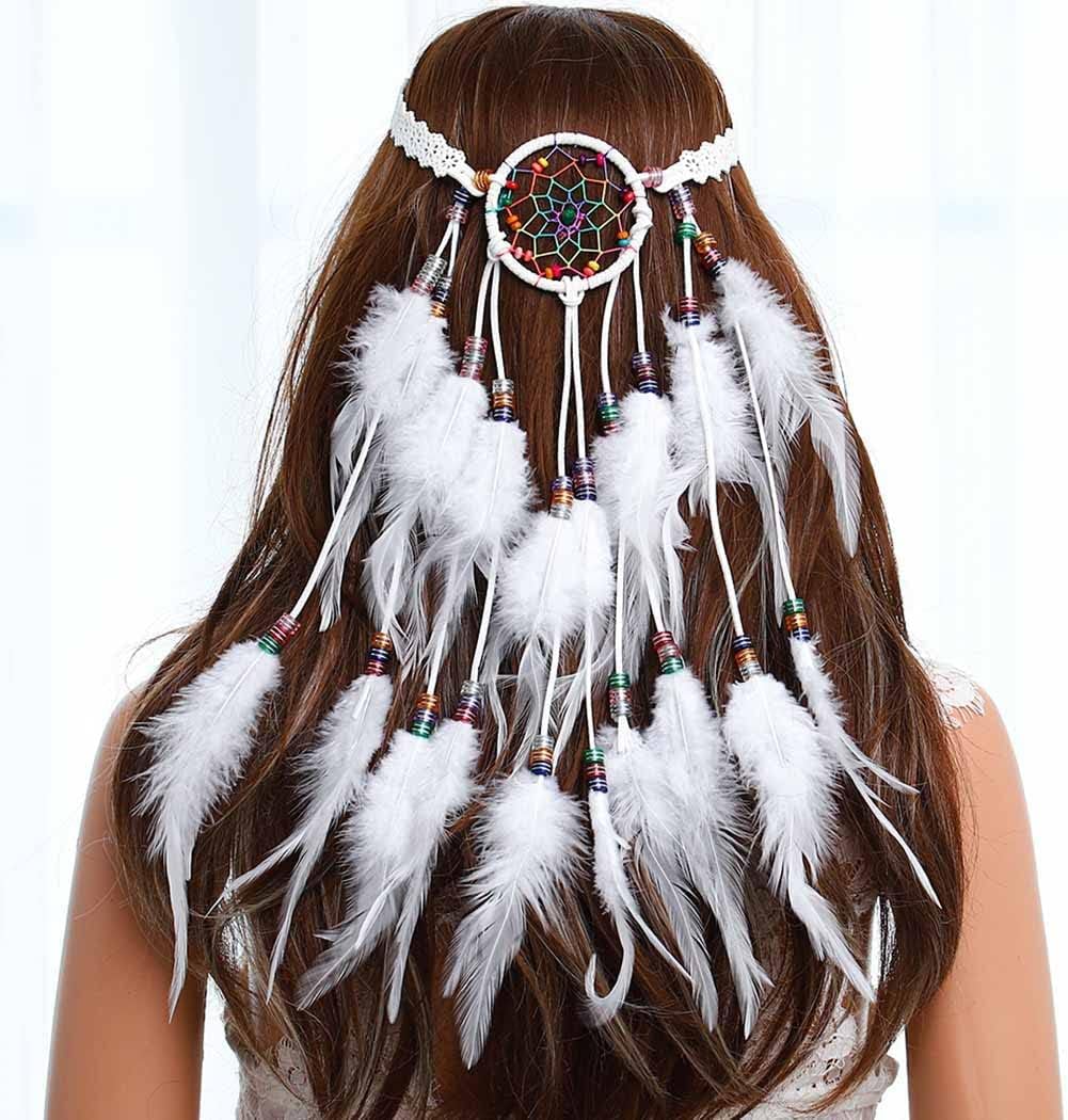 KASTWAVEDreamcatcher Feather Headbands Bohemian Headdress Gypsy Headpieces Hippie Adjustable Hairband Boho Headwear with Feather Tassel Hair Accessories for Women and girls (White)