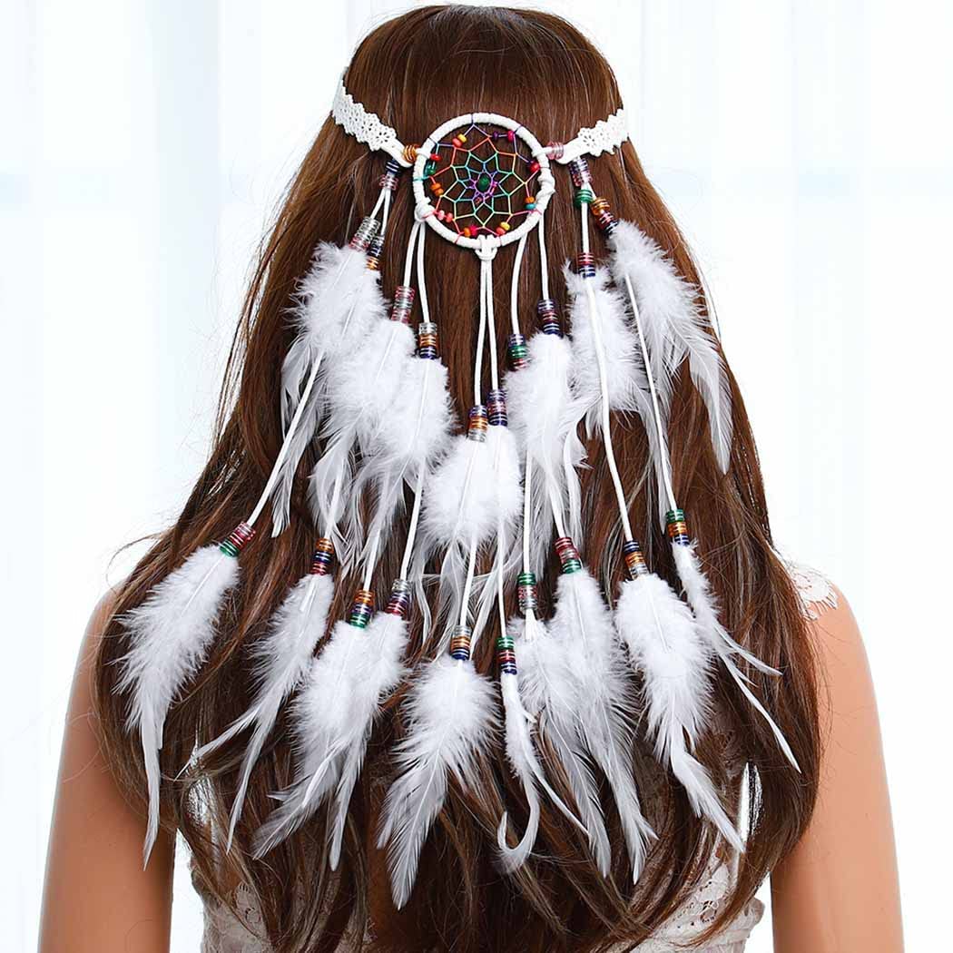 KASTWAVEDreamcatcher Feather Headbands Bohemian Headdress Gypsy Headpieces Hippie Adjustable Hairband Boho Headwear with Feather Tassel Hair Accessories for Women and girls (White)