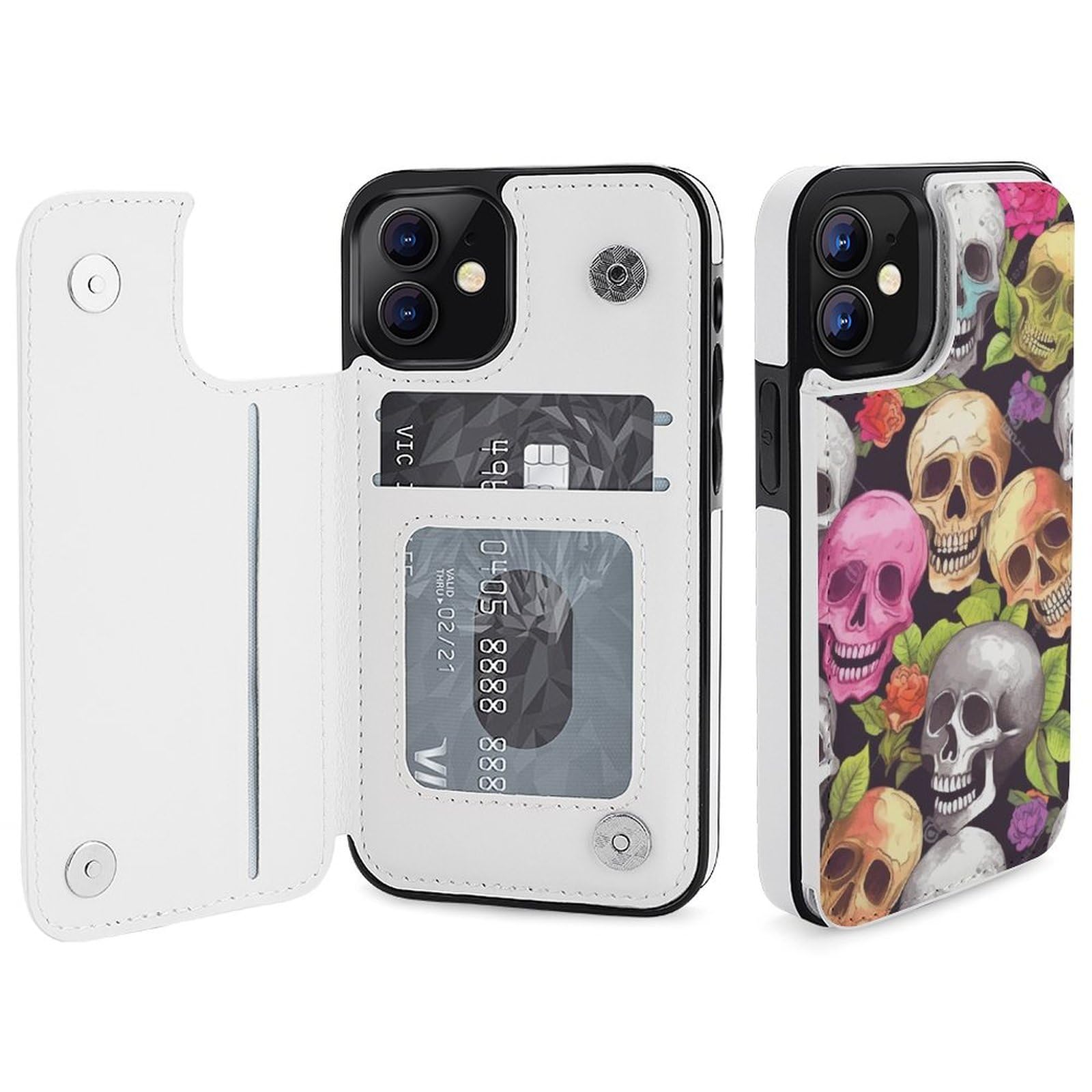 Funda tipo cartera para iPhone 12, diseño de calaveras de colores, funda de piel con ranuras para tarjetas