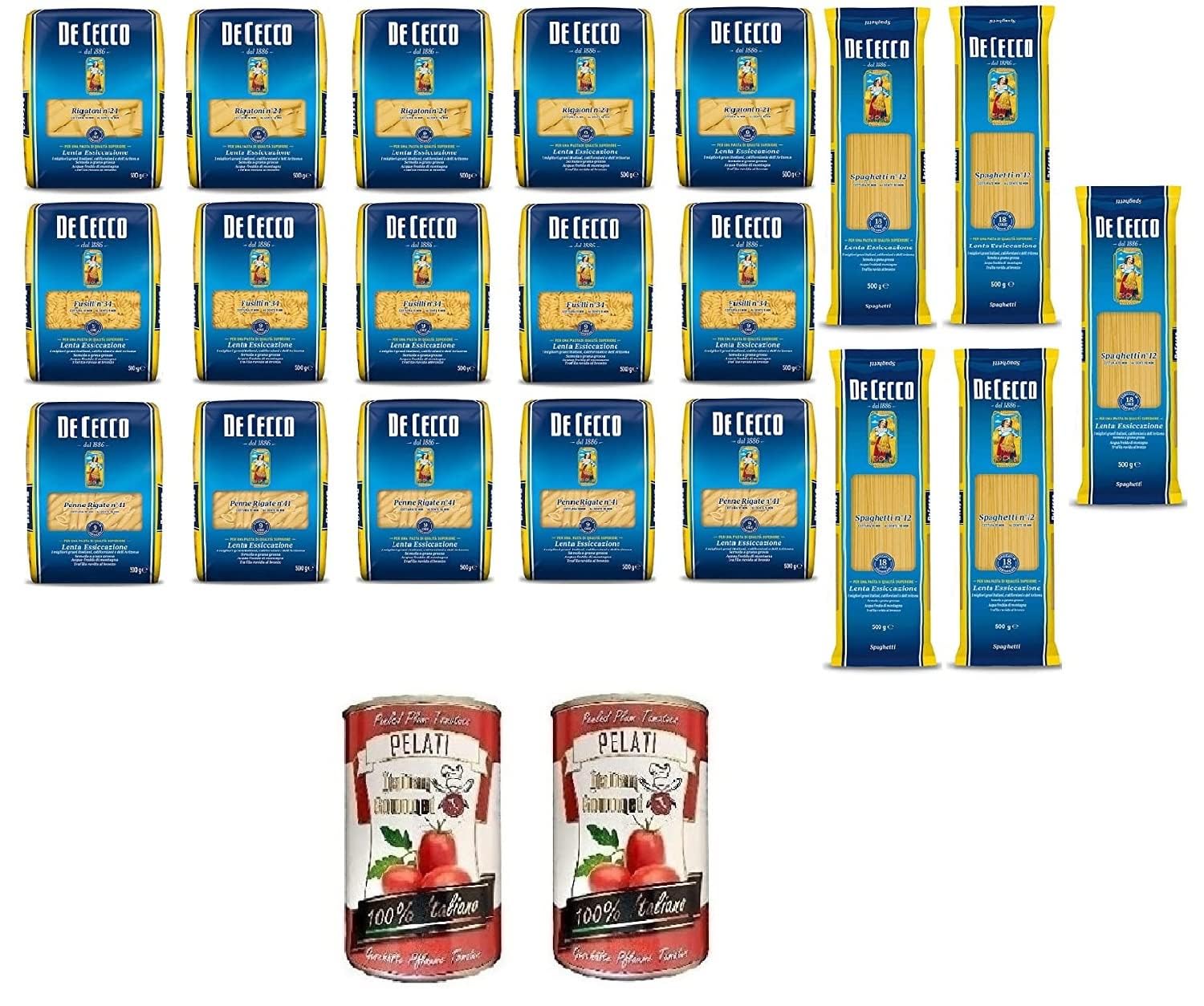 Caja de degustación de Cecco - 18× pasta 500 g surtidos + 2× Italian Gourmet tomates pelados 400 g - formatos largos y cortos, secado lento, calidad italiana - Total 9,8 kg