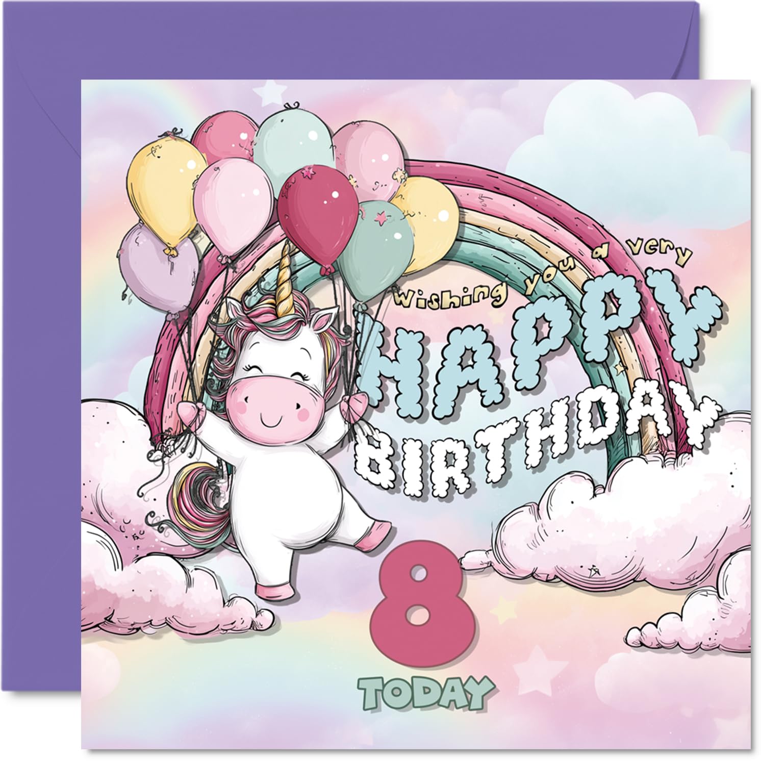 Cute 8th Birthday Card - Bursting with Birthday Magic - Cheerful Unicorn Holding Balloons under a Rainbow - 145mm Square, Envelope Included