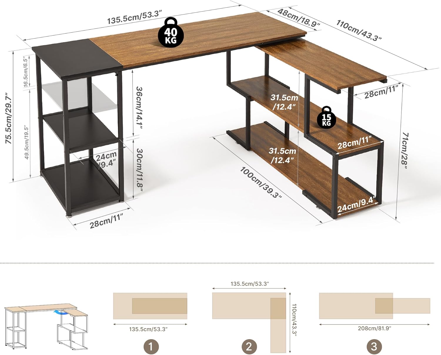 Diagram showing different configurations of the L-shaped desk and its dimensions.