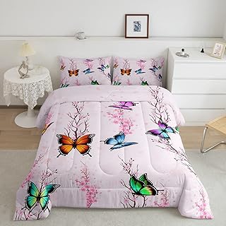 Butterfly Comforter Set Full for Girls Pink Cherry Blossoms Bedding,Colorful Butterfly Print Bedroom Decor for Women Boys Kids Flying Butterflies Duvet Insert,Romantic Theme Quilt with 2 Pillowcases