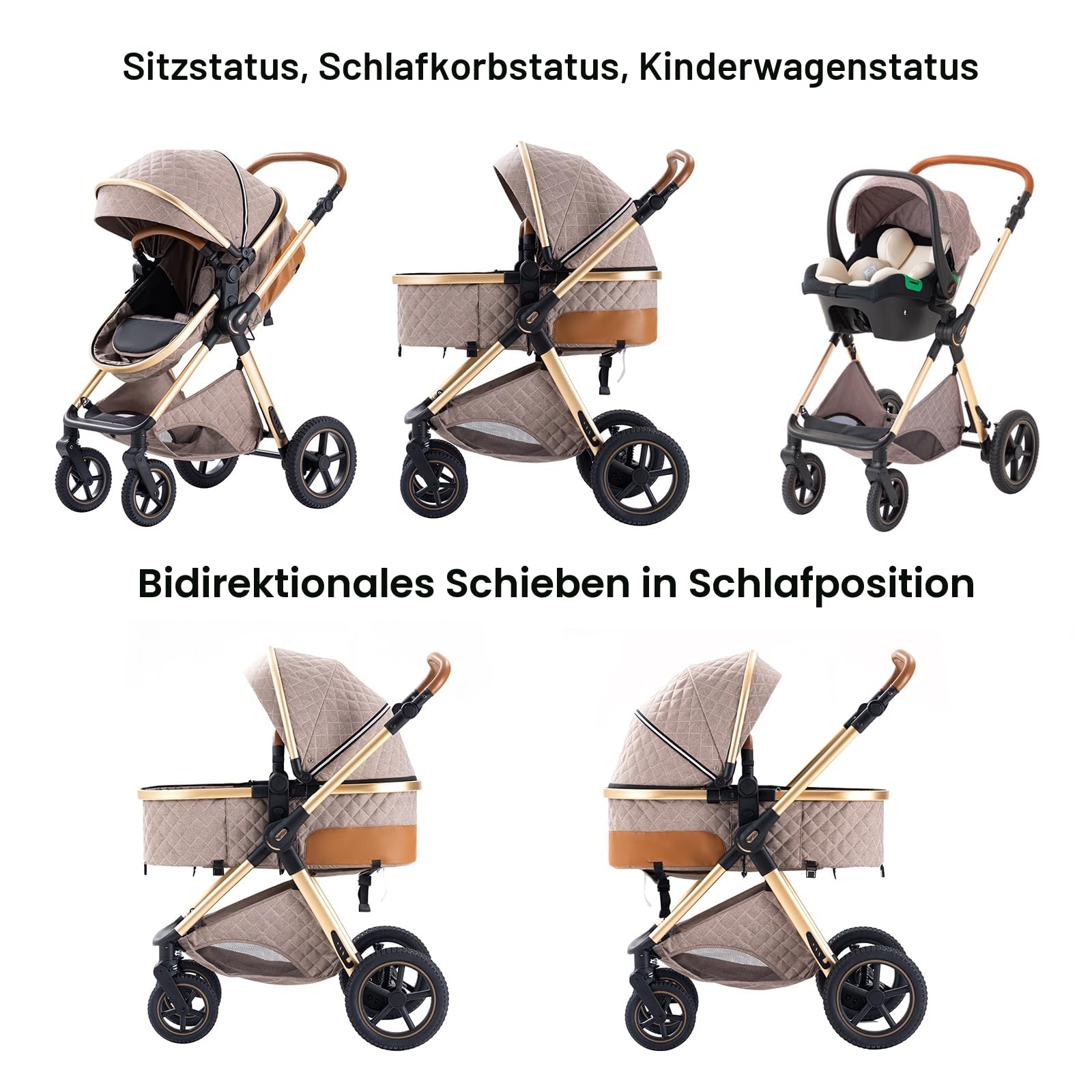 BEBBY Kinderwagen 3 in 1,Kinderwagen Buggy Mit Babyschale,Mit Höhenverstellbarer buggy Komplettset Faltbare tragbare,Buggys Mit Aluminiumrahmen für Neugeborene 0 bis 3 Jahre (Pink-6, H2)