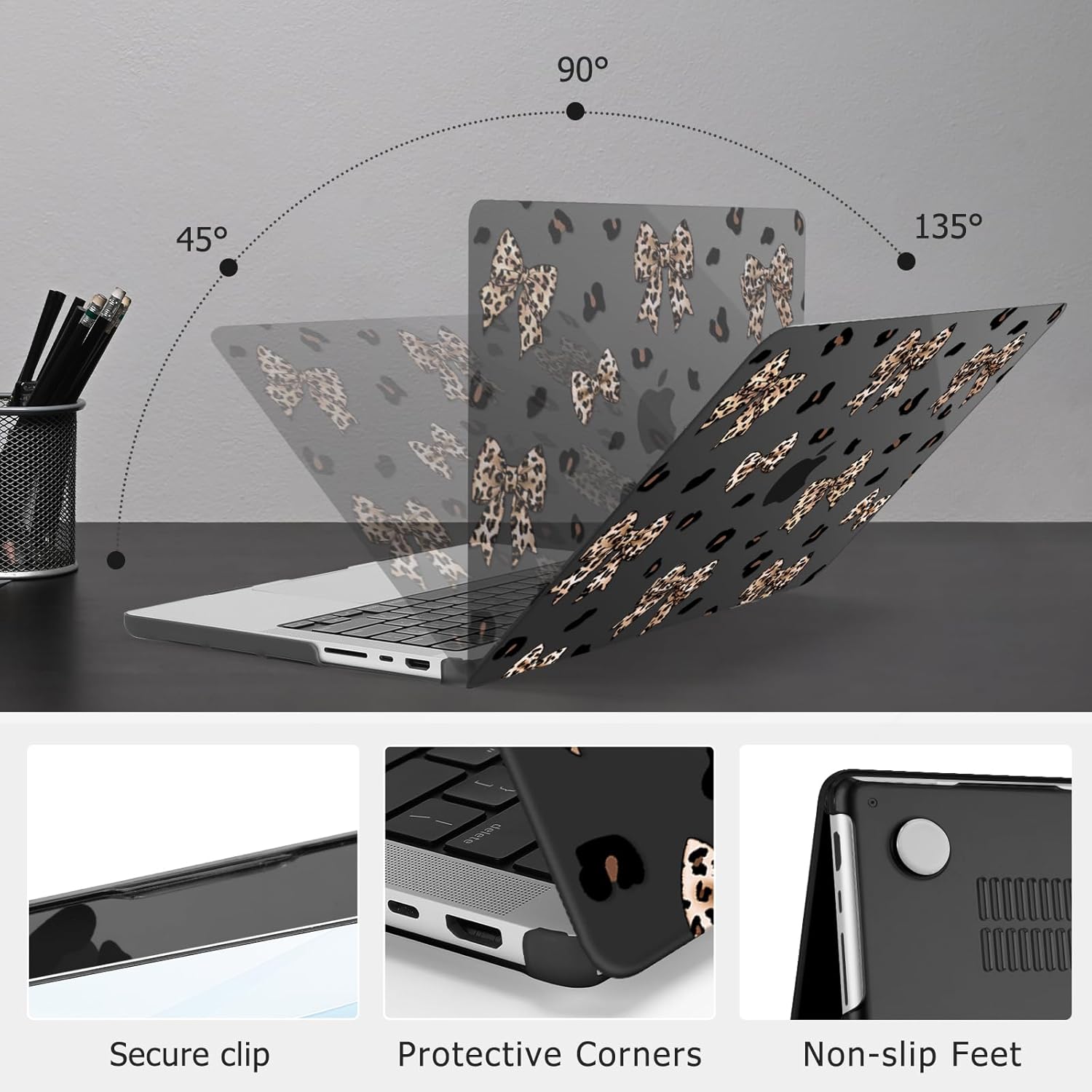 MOSISO Compatible with MacBook Pro 14 inch Case 2026 2025-2021 M5 M4 M3 M2 M1 A3427 A3426 A3434 A3112 A3185 A3401 A2918 A2992 A2779 A2442,Leopard Bowknots Hard Shell&Keyboard Skin&Screen Film,Black