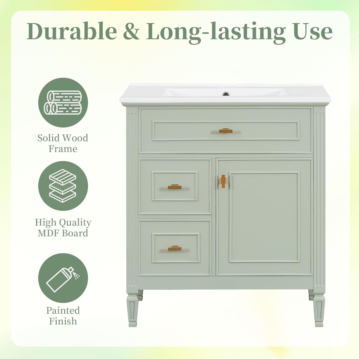 30 Inch Bathroom Vanity with Sink, Small Freestanding Bathroom Vanity with Soft Close Door and Door Organizer, Modern Single Sink Vanity Combo with Flip Drawer and 2 Drawers, Green