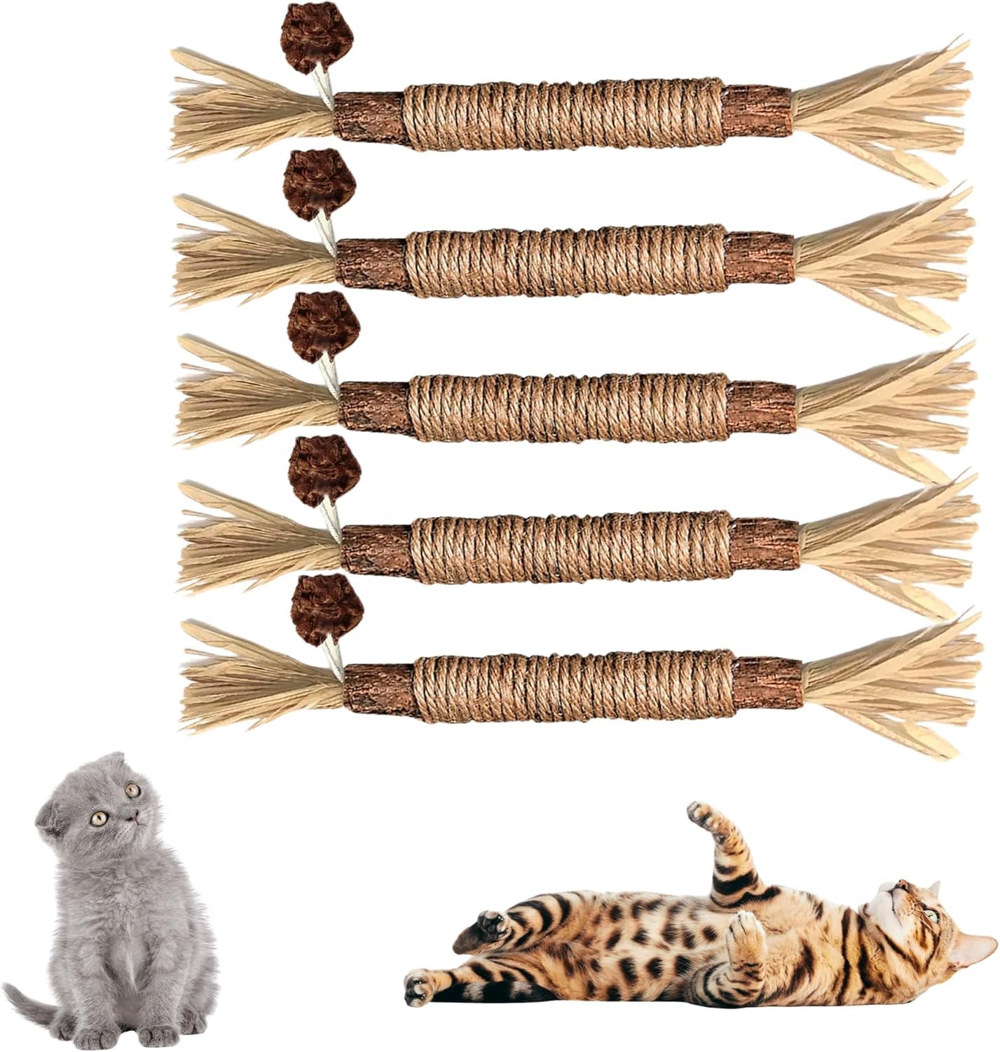 TheGuard 4 Natural Catnip Toys Set; 3 Matatabi Silvervine Chew Sticks & Cute Scented Mint Fish Cat Chew Toy with Catnip & Sound for Cuddle (Natural Teethers)
