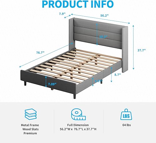 Miniatura 2 de Mjkone Base de cama de plataforma, marcos de cama de tamaño matrimonial con cabecera de ala, marco de cama tapizado moderno con soporte de listones