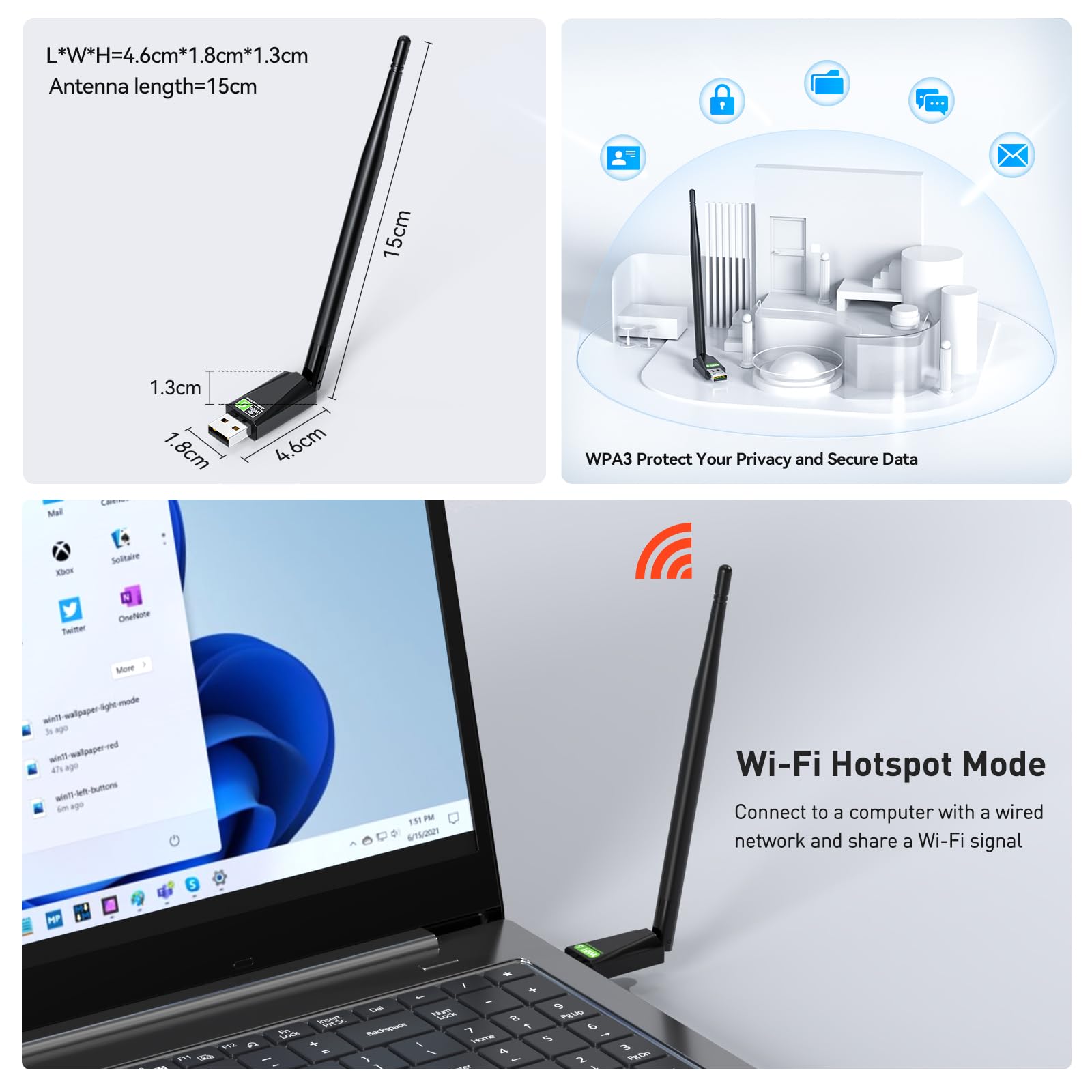 Adaptador WiFi USB para PC de escritorio, AX600 USB WiFi 6 adaptador con doble banda de 5 GHz/2.4 GHz, controlador integrado para Windows 10/11 (AX600-H)