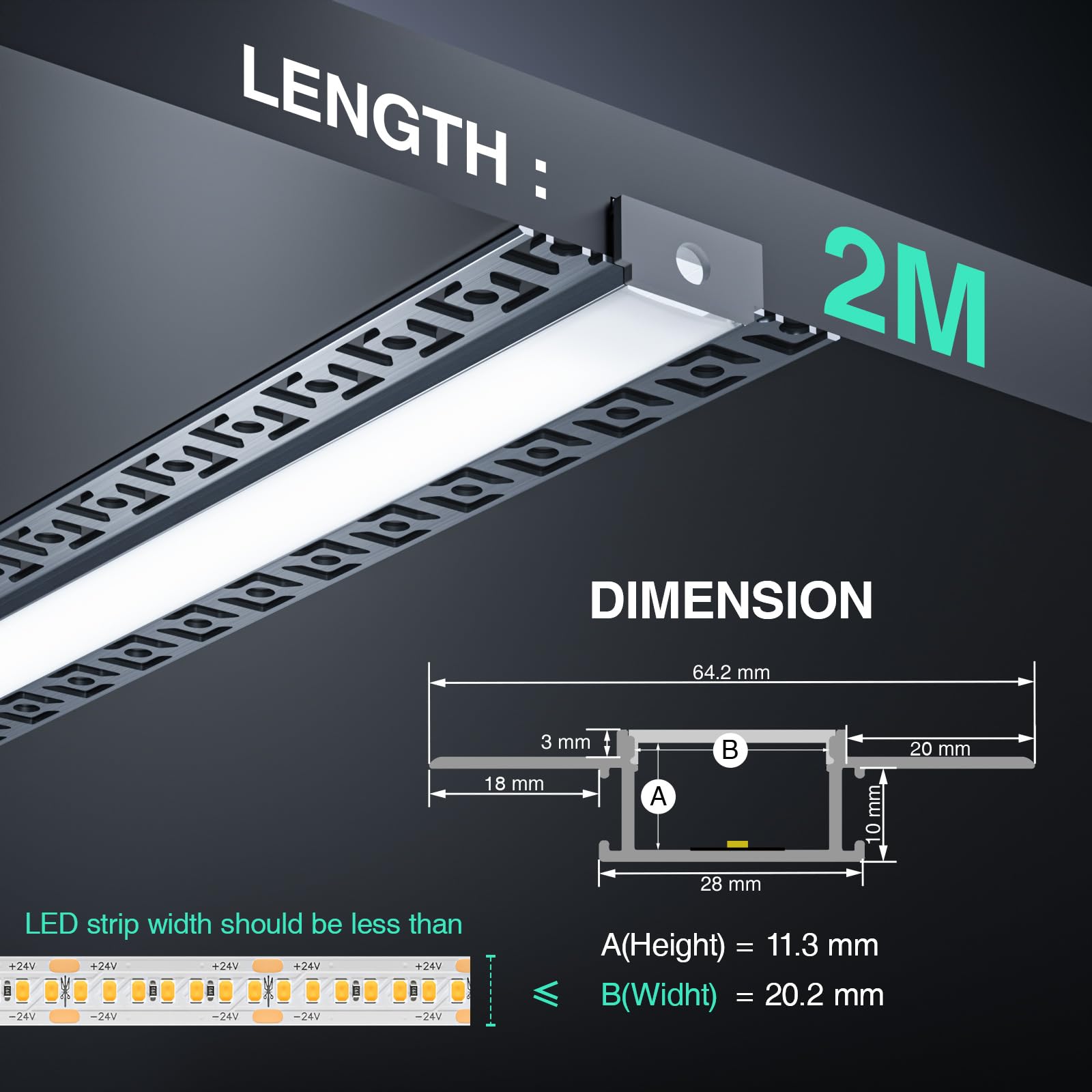 Profilé Aluminium LED Encastrable 2m × 38 Pièces (2000×64,2×13,8 mm) – Profilé Alu pour Ruban LED ≤20 mm avec Couvercle Opalin, Rail Cache Placo/Mur/Plafond, Goulotte pour Bande