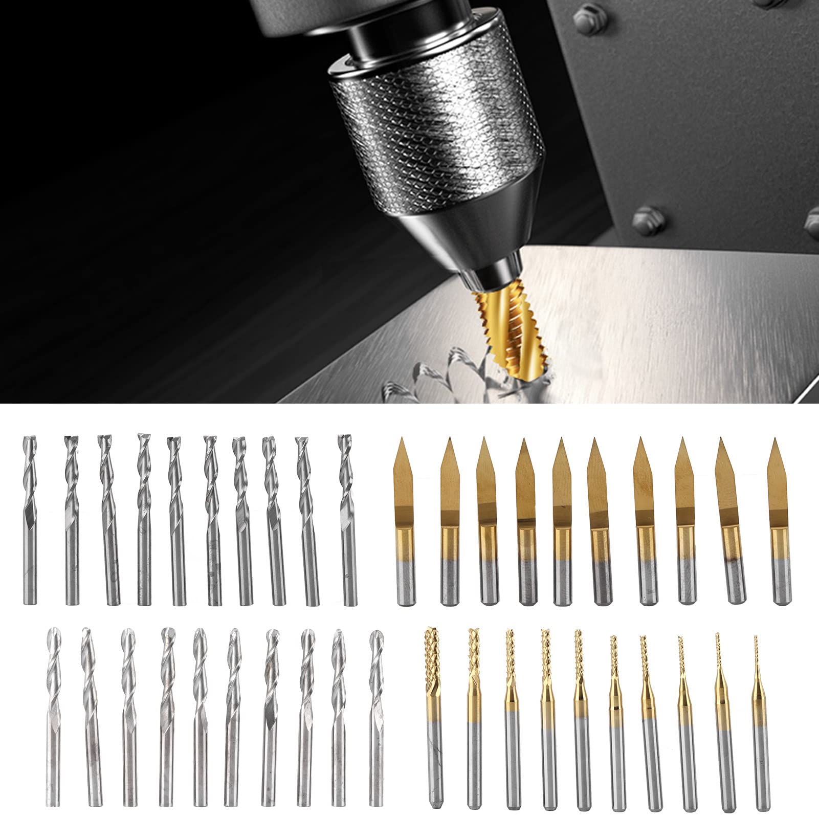 YWBL-WH 40-teiliges Fräser-Set, Schnellarbeitsstahl-Schneidwerkzeug für Leiterplatten, Holz und Kunststoff mit 1/8 Zoll Schaftdurchmesser, Inklusive Gravur- und Schaftfräser-Bits für -Projekte