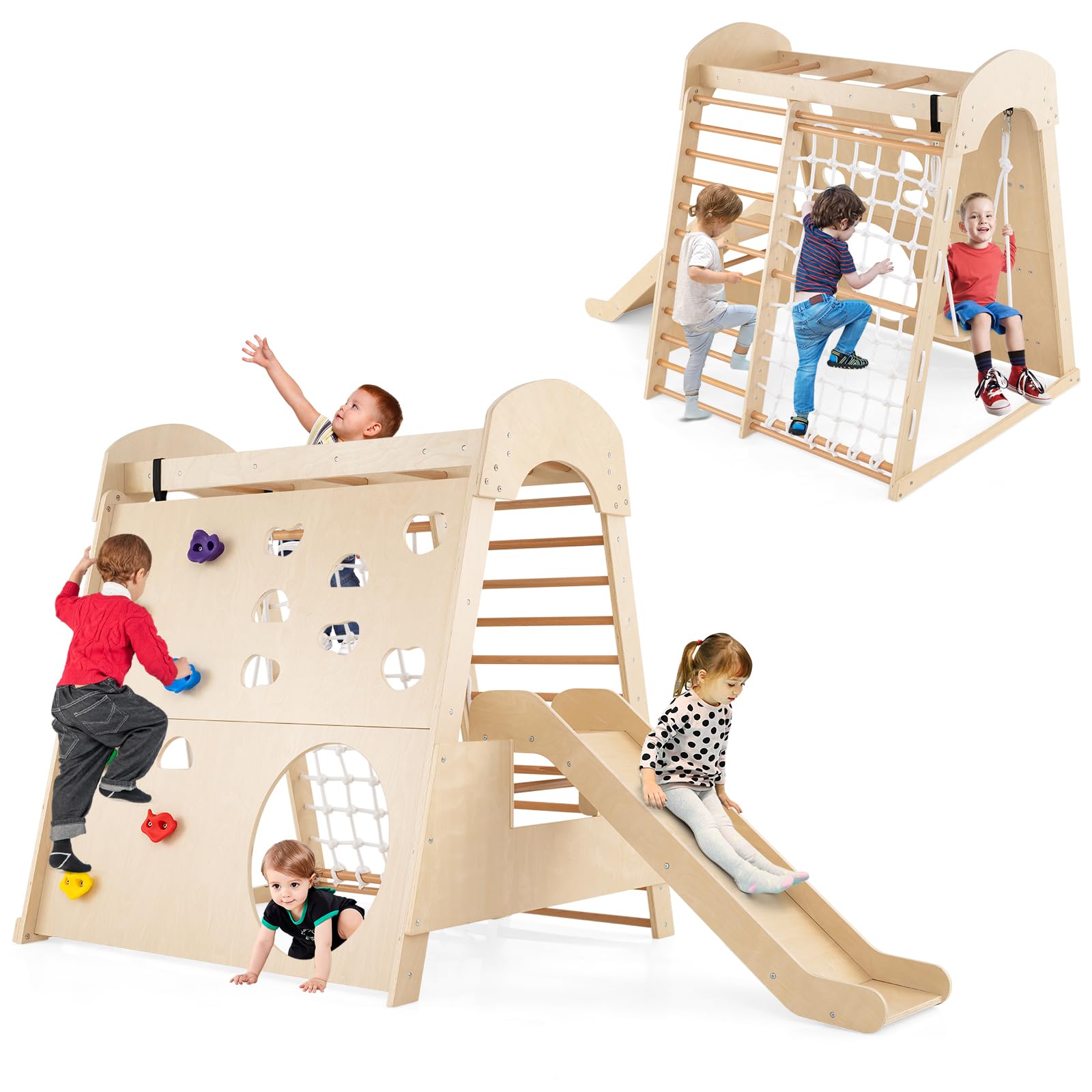COSTWAY Kids Climbing Frame, 8 in 1 Wooden Jungle Gym with Climbing Rock/Net, Ladder, Slide, Swing, Monkey Bars, Indoor Montessori Climber Playset for 3+ Years Old (Natural)
