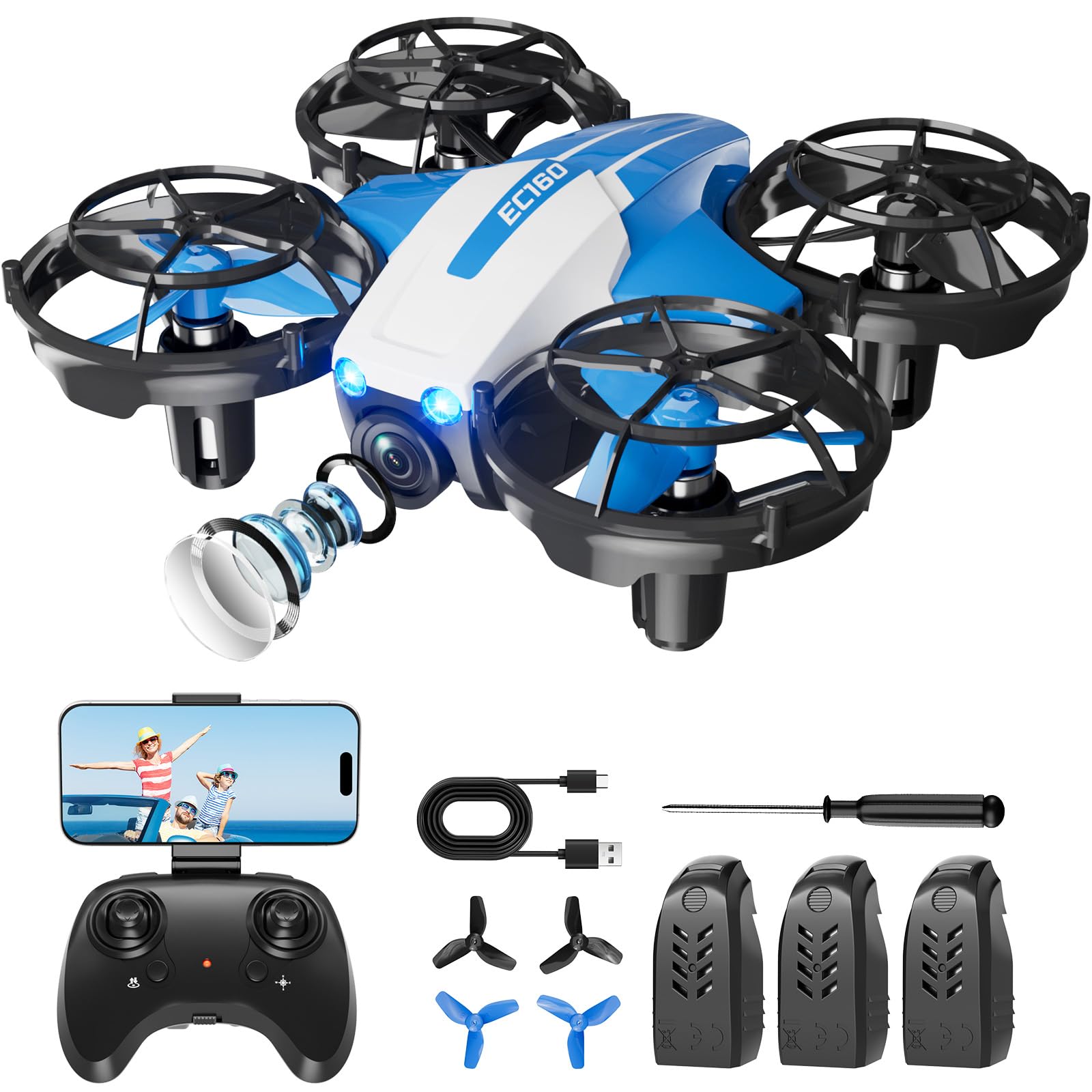 Drones with Camera for Kids and Beginners, Mini FPV Drone 1080P, 3D Flips, Waypoint Fly, APP Control, Optical Flow, Lights, RTF Remote Control Flying Toy Gifts for Boys Girls
