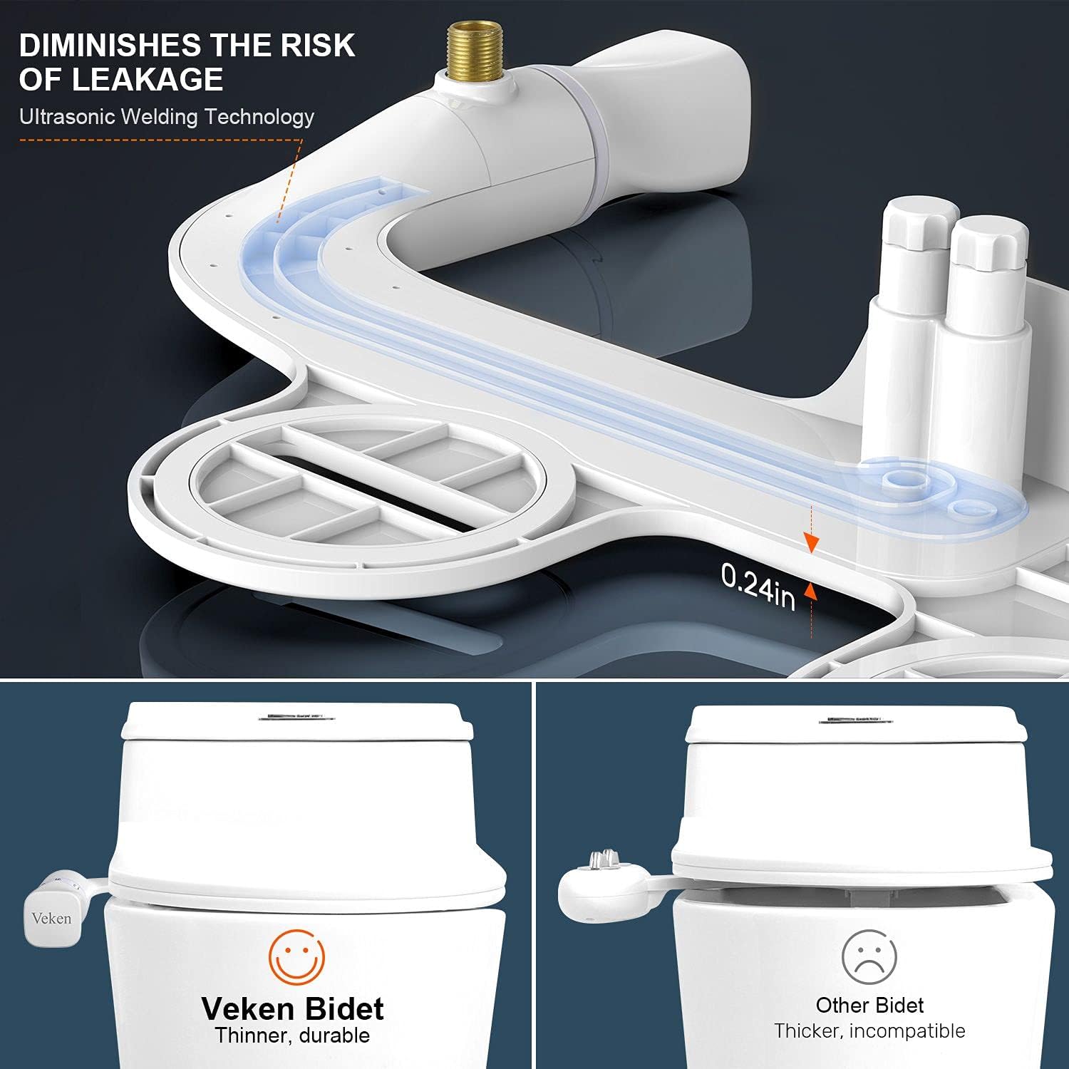 Veken Bidet, Fresh Water Ultra-Slim Bidet Toilet Seat Attachment with Brass Inlet for Posterior & Feminine Wash - - 