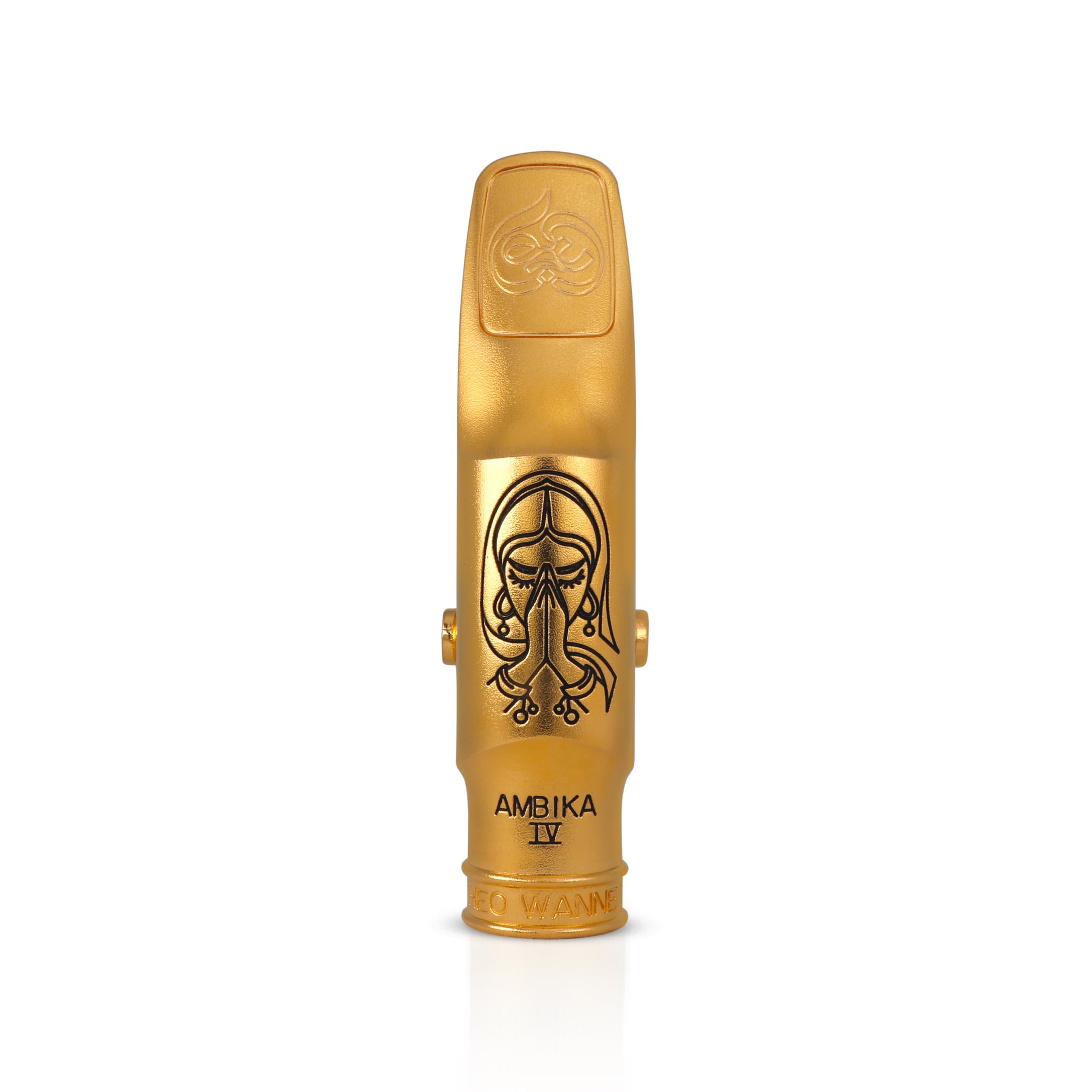 Theo Wanne AMBIKA IV 24K Gold Plated Metal Tenor Saxophone Mouthpiece with Case, Ligature, Bitepad & Cap - Large Chamber & Shark Gill Baffle Design for Deep & Haunting Vintage Sound - Size 8 (0.110")