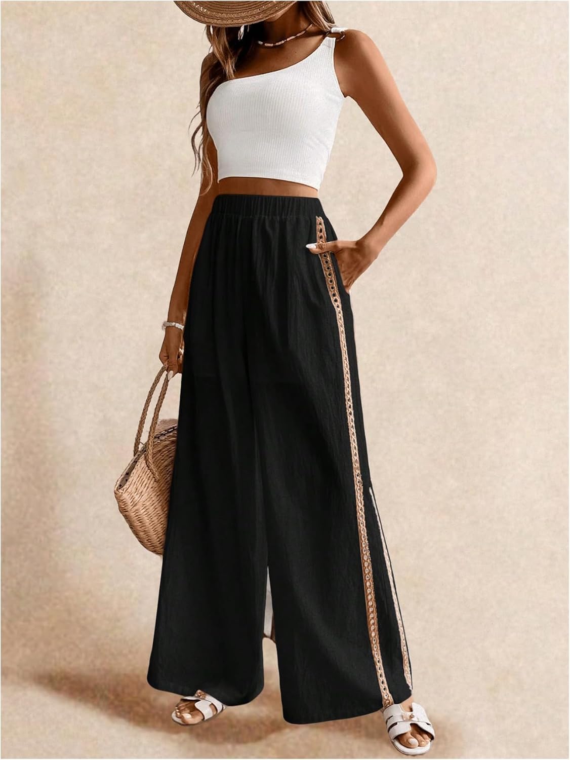 SOLY HUX Women's Wide Leg Pants Elastic High Waisted Embroidery Casual Long Trousers with Pockets Black Embroidery X-Small - Image 5
