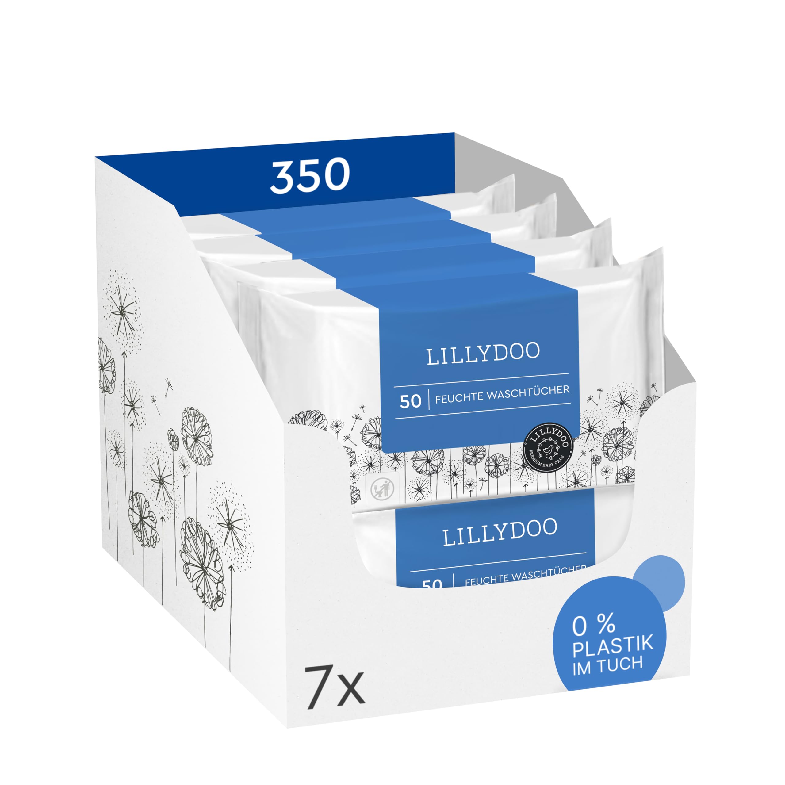 LILLYDOO Feuchte Waschtücher 350 Stück (7 X 50), 100% plastikfrei, extra großes Tuch, ohne Parfüme