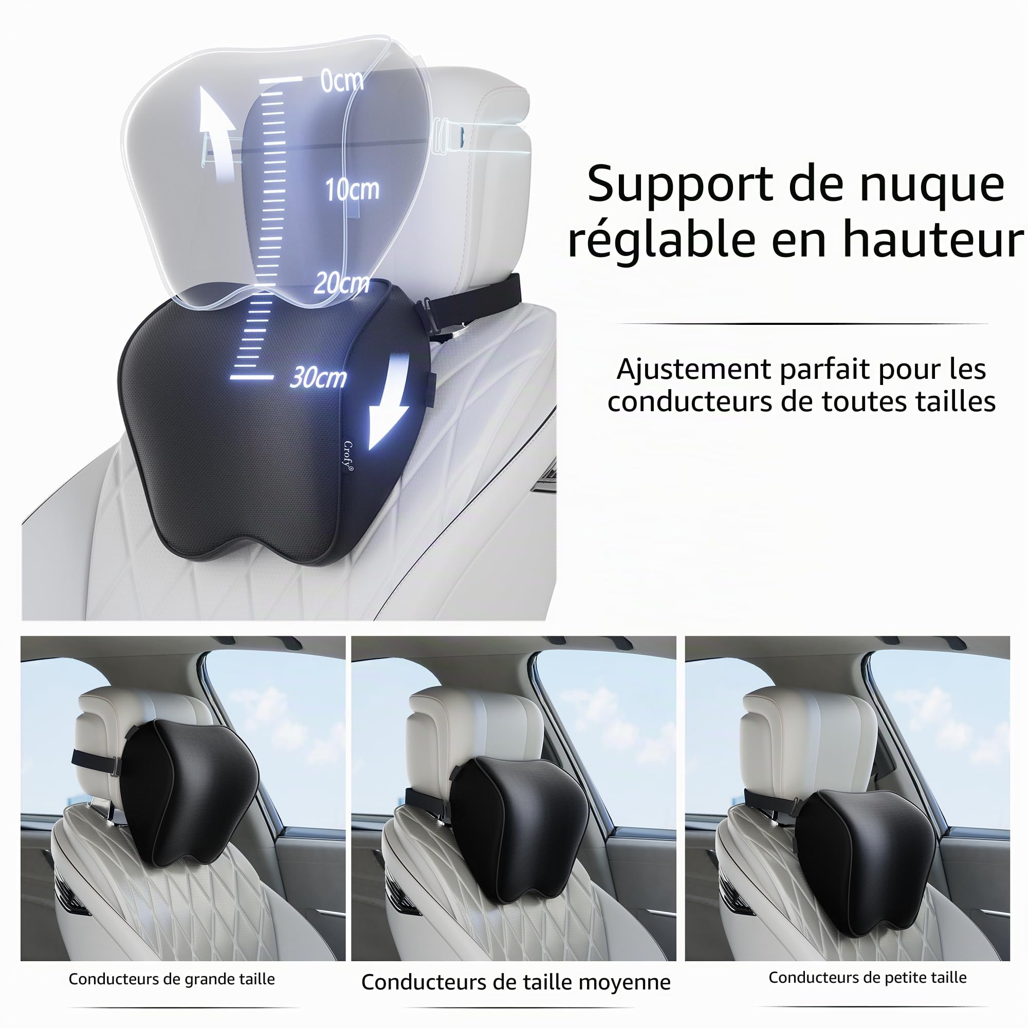 Crofy Lot de 2 Oreillers de Cou pour Voiture, Appuie-tête Doux pour la Conduite avec Sangle Réglable, 100% Mousse à Mémoire de Forme et Housse Respirante Amovible, Design Ergonomique Confortable, Noir