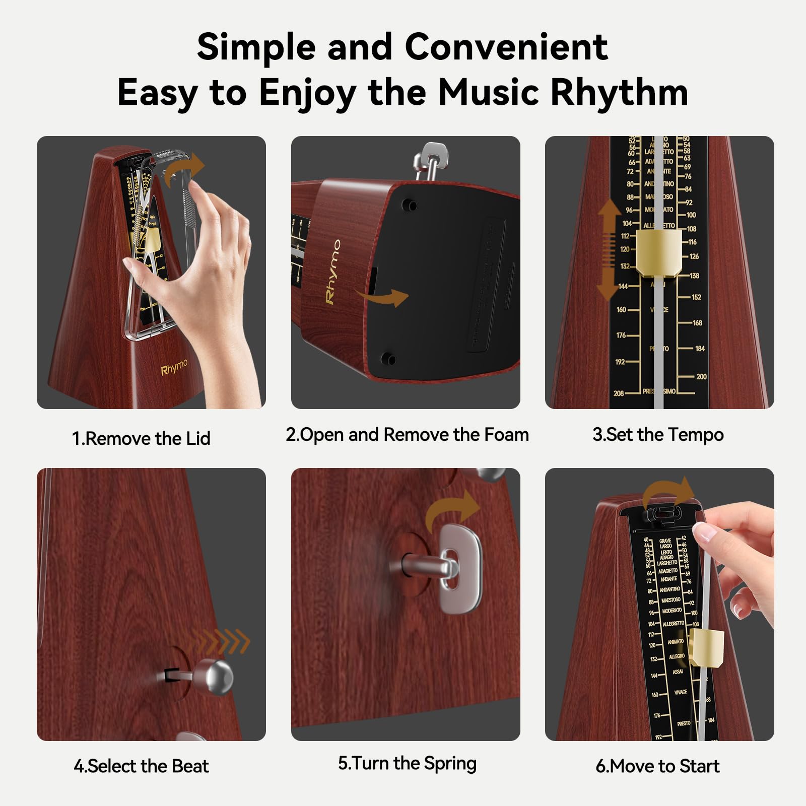 Métronome mécanique pour piano, guitare et batterie, mouvement amélioré, 40-208 BPM avec 4 modes de battement, tempo clair et fort pour débutants et musiciens, design classique à remonter, en bois