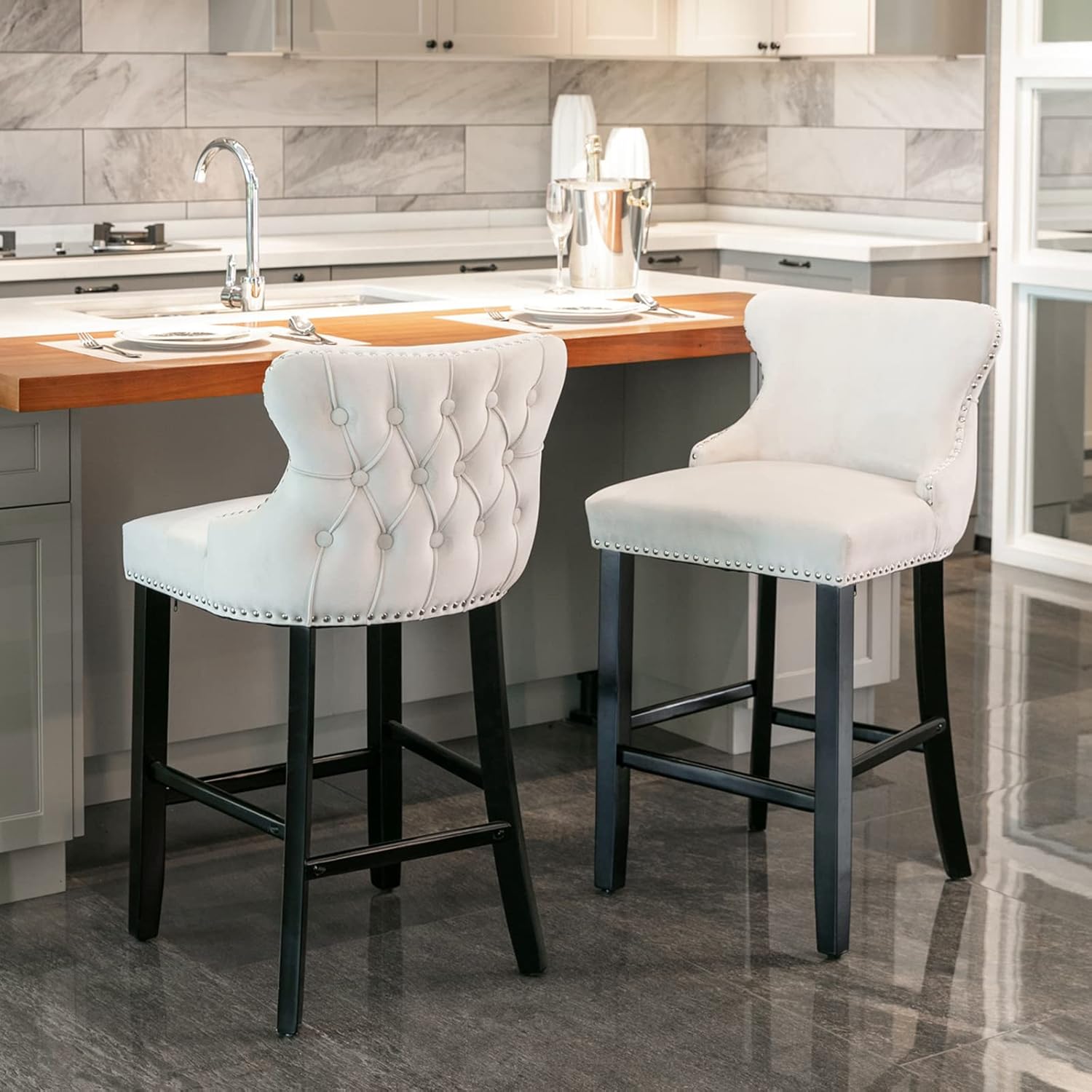 mikibama Velvet Wingback Bar Stools Set of 2, Upholstered Button Tufted Counter Height Bar Stool Chairs with Solid Wood Legs Kitchen Island Padded Barstools with Nailhead Trim (Beige)