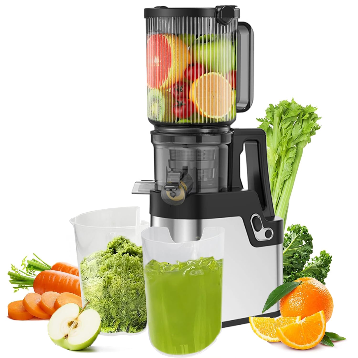 Cold Press Juicer Machine, 250W Slow Masticating Juicer with 4.2" Wide Feed Chute, for Whole Fruits and Vegetables, High Juice Yield, Quiet Motor, Easy to Clean(Silver)
