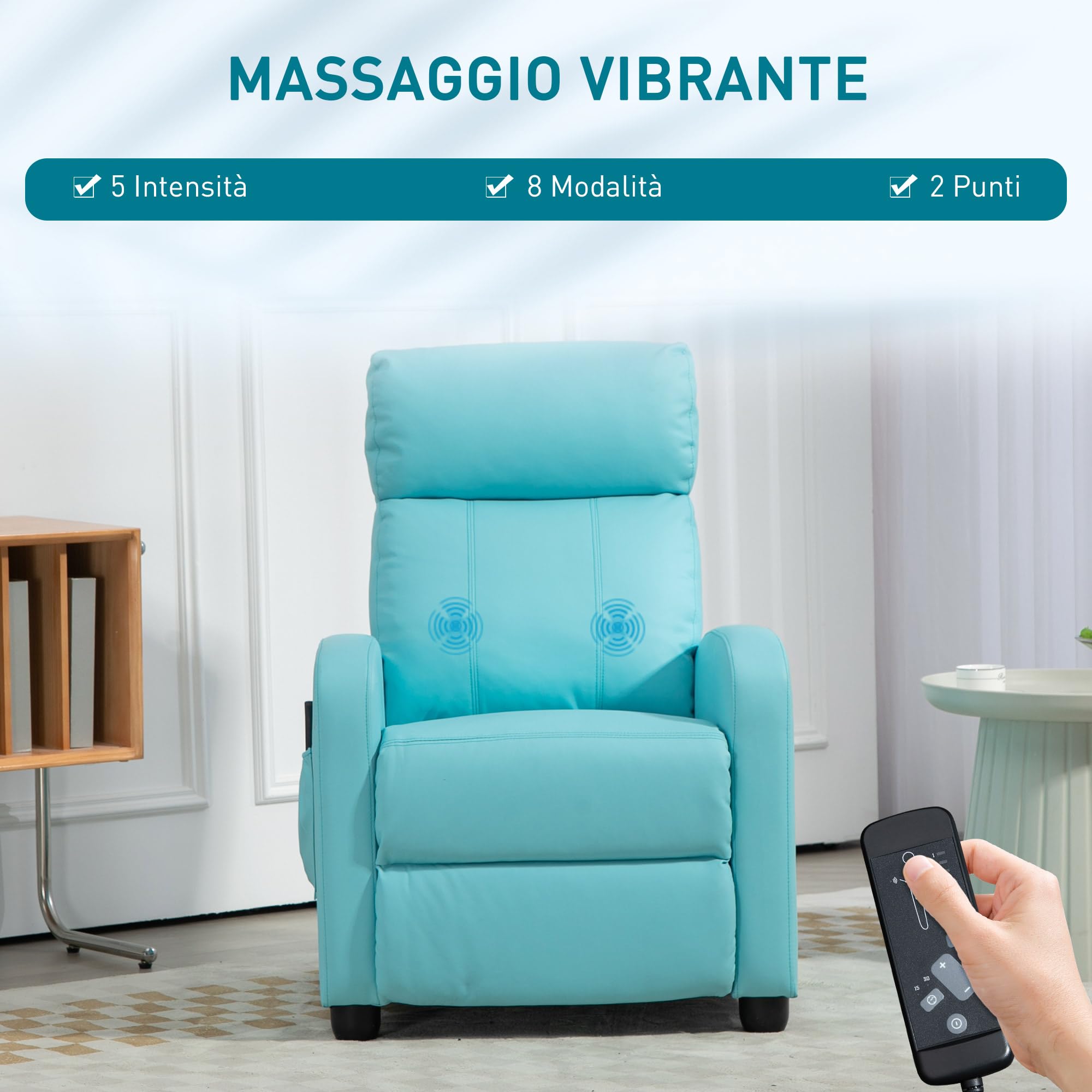 HOMCOM Poltrona Relax Massaggiante con 8 Modalità e 5 Intensità, Poltrona Reclinabile con Poggiapiedi e Telecomando, Pelle PU - 68x88x98 cm, Azzurro
