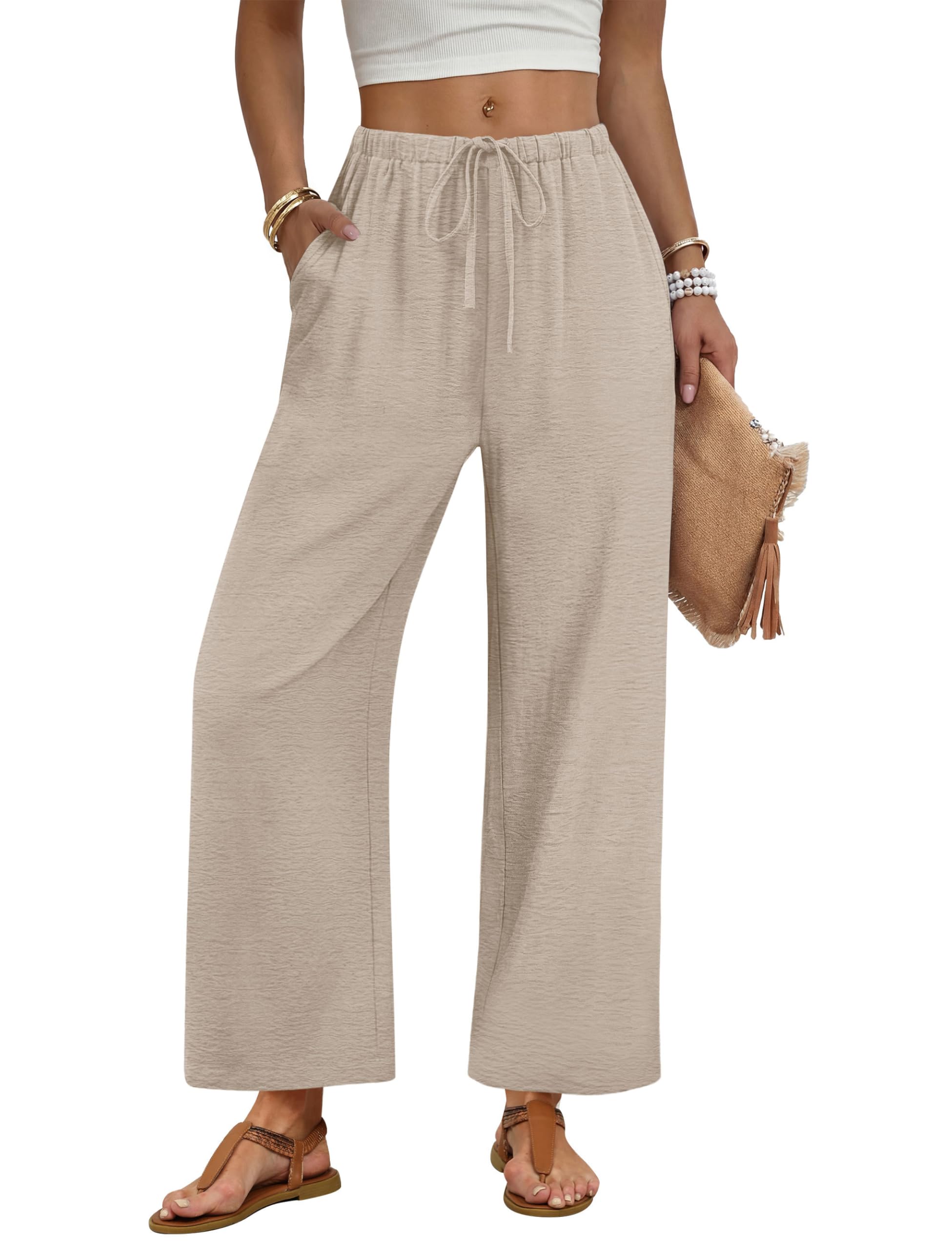 Sampeel Wide Leg Pants Women Casual Palazzo Drawstring Elastic Waist Trousers with Pockets Summer Beach Vacation Clothes — view 2