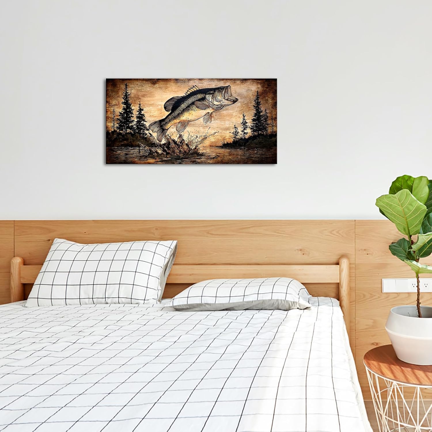 OuElegent Rustic Bass Fishing Wall Art Jumping Fishing Fish Artwork Lake House Decor Rustic Cabin Lodge Wall Decor for Man Cave 20''x40''