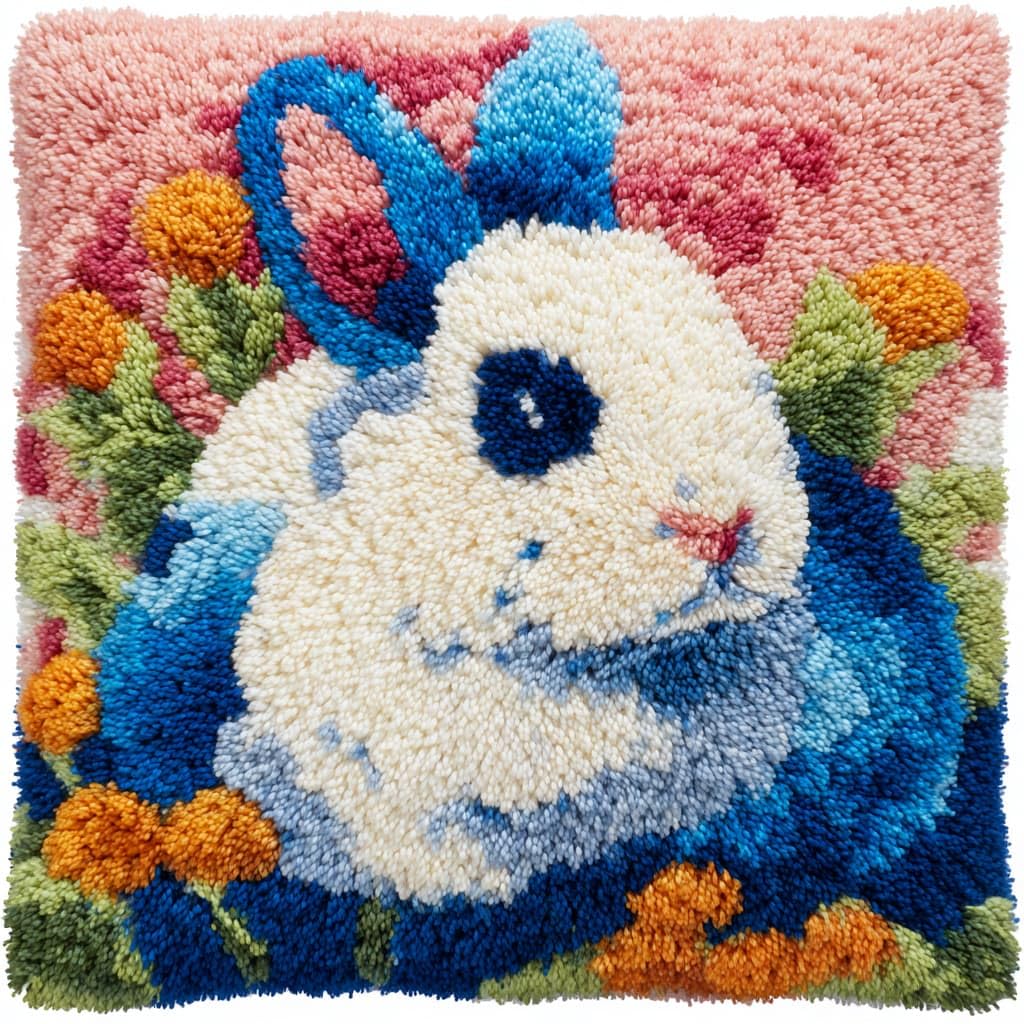 Taxpy Latch Hook Cushion Kits, Rabbits and Flowers Pillow Case Rug Cover Beginner DIY Needlework Embroidery Kits Handmade Set 43 * 43cm