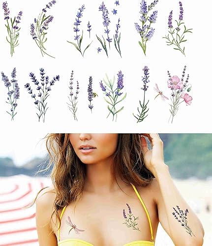 Tattoonova - Flores de lavanda, 12 hojas de tatuajes temporales para adultos, hombres y mujeres, flores silvestres provenzales, acuarelas, púrpura,
