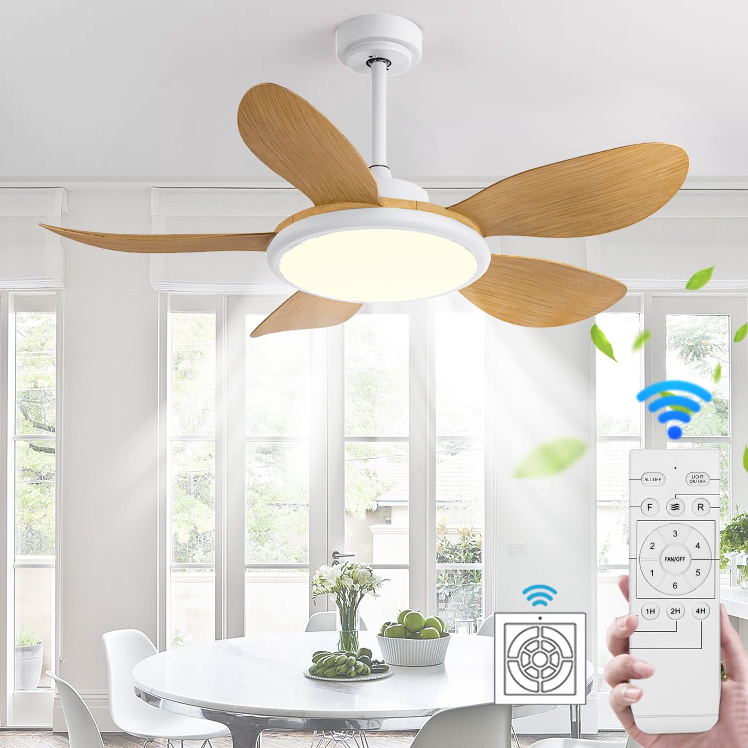 YSOAE 52 Inch Ceiling Fan with Lights and Remote Modern Imitation Wood Ceiling Fan Light LED 3 Color Dimmable Low Profile Ceiling Fan Flush Mount Outdoor Ceiling Fans (White)