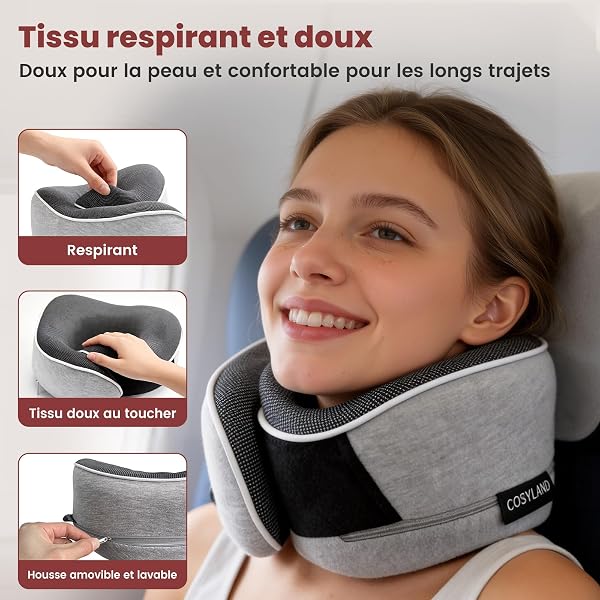 COSYLAND Coussin de Nuque en Mousse à mémoire de Forme pour Avion et Voiture - Support à 360° - Réglable - Cale-Nuque Ergonomique pour Adulte - avec Sac, Masque de Sommeil et Bouchons d'oreilles - 5