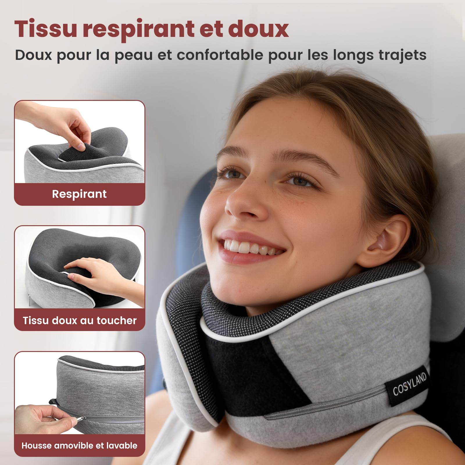 COSYLAND Coussin de Nuque en Mousse à mémoire de Forme pour Avion et Voiture - Support à 360° - Réglable - Cale-Nuque Ergonomique pour Adulte - avec Sac, Masque de Sommeil et Bouchons d'oreilles