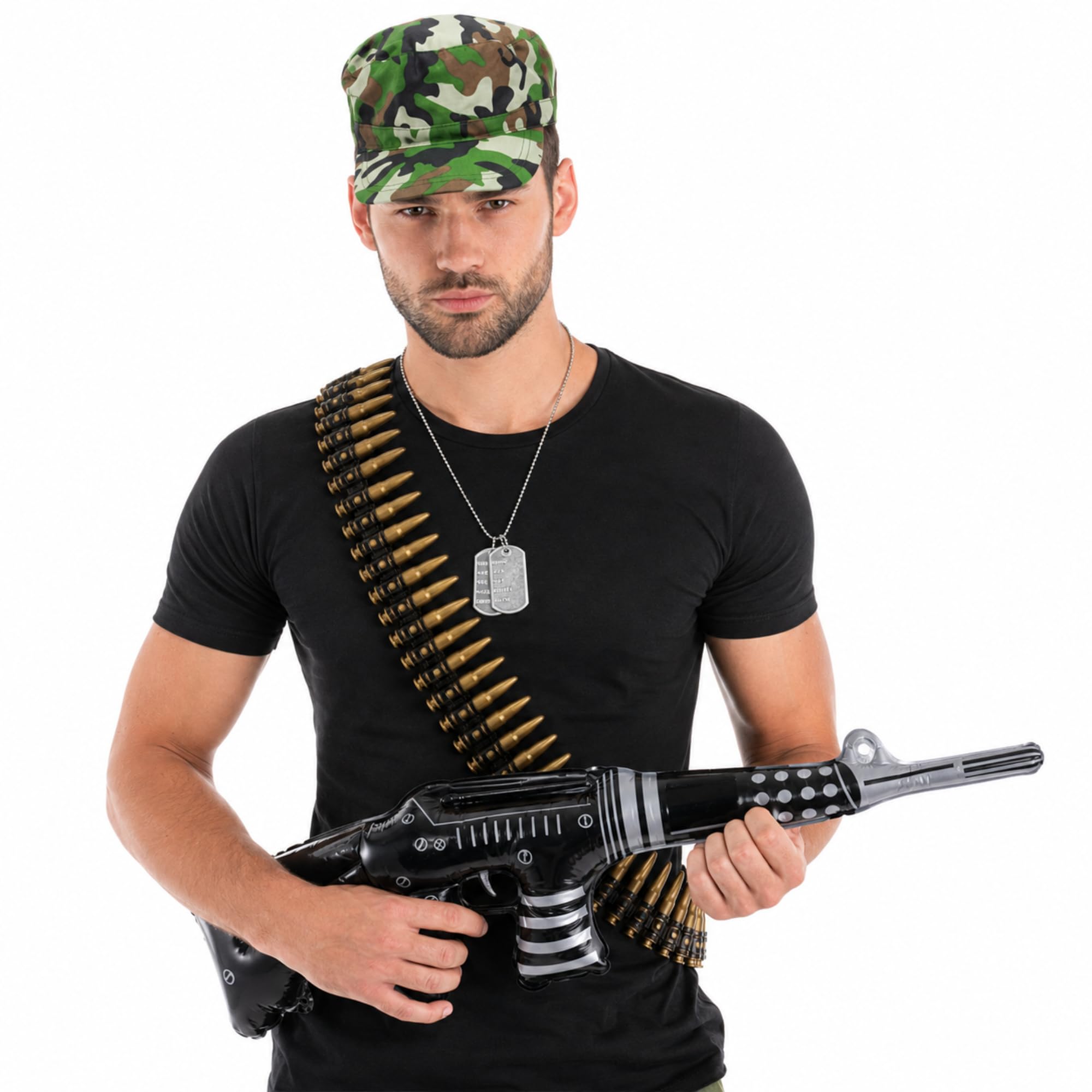 FNA FASHIONS® Unisex Army Cap Dog Tags Bullet Belt Machine Gun Armed Forces Fancy Dress Set